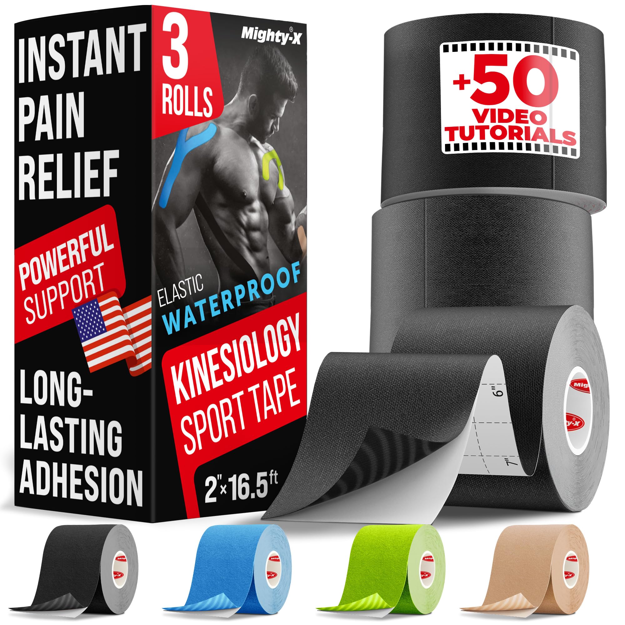 Waterproof Kinesiology Tape - [3 Rolls] - Kinetic Tape - Joints Support & Muscle Pain Relief - 16.4 ft Uncut Knee Tape + 50 Videos - Muscle Tape - Easy to Apply Shoulder Tape