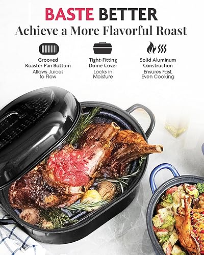 Miniatura 2 de Granitestone Asador de pavo XL de 18.8 pulgadas con tapa, sartén para pavo ultra antiadherente para horno con parte inferior ranurada para untar,