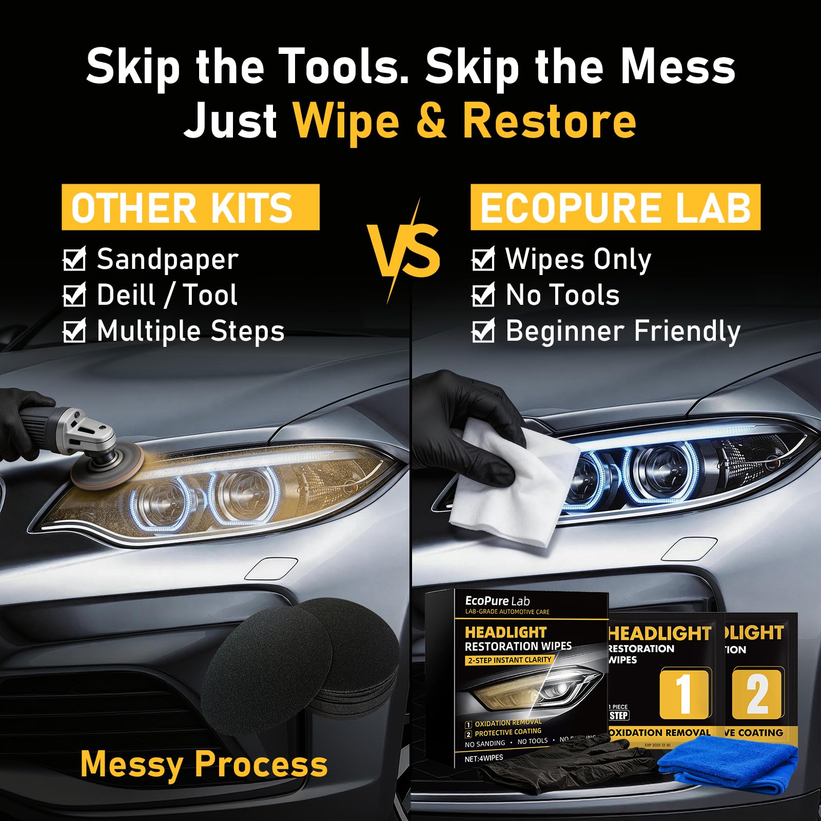EcoPure Lab 2-Step Headlight Restoration Wipes–No Sanding Car Headlight Restoration Kit with Oxidation Remover&Ceramic Coating,UV Protection,Restore Clear Polycarbonate Lenses(1 Pack) - 5
