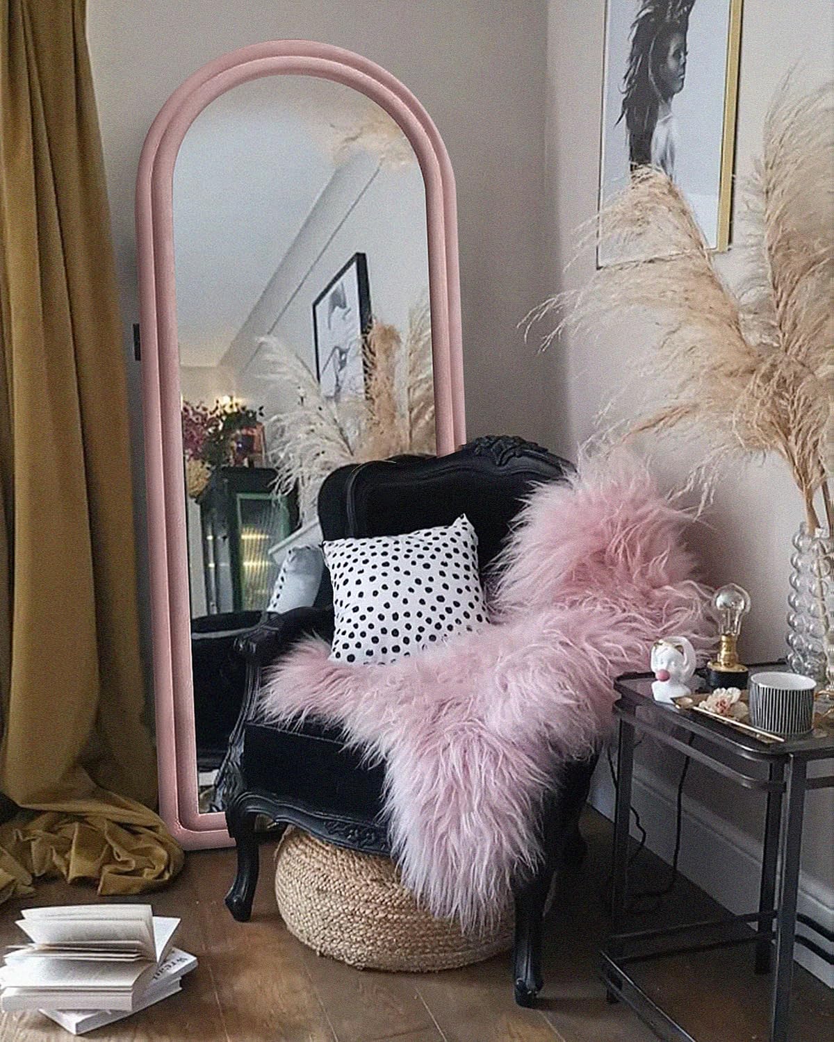 Otlsh Floor Mirror, Arched Full Length Mirror with Stand, Standing Mirror, 63"x24" Full Body Mirror, Large Mirror, Wall Mirror, Freestanding, Wall Mounted, Flannel Frame - Pink