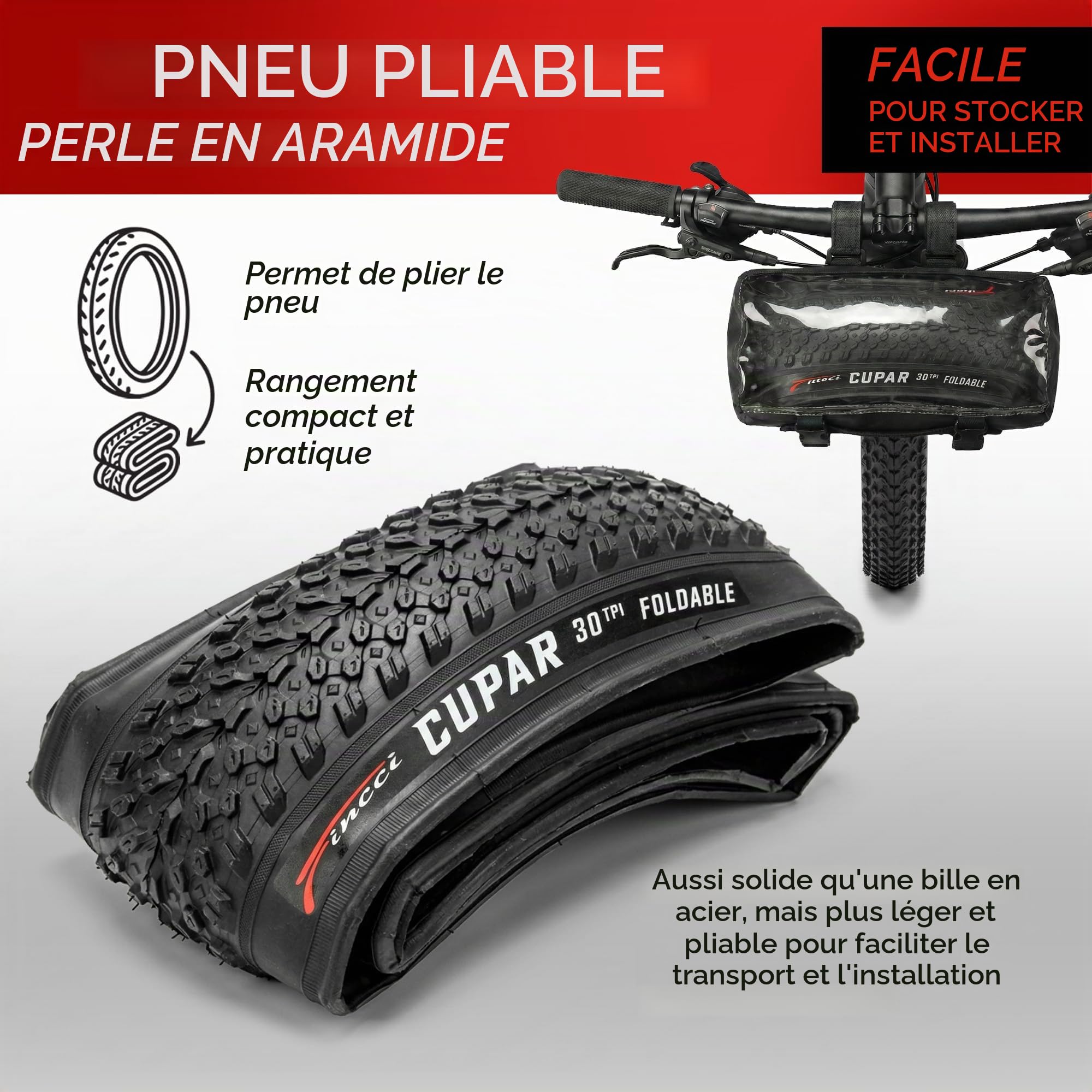 Fincci Pneu VTT 26 Pouces 26x2.125 57-559 Pneus Pliables VTC VAE Pack de 2 | Pneus Pliables - 30 TPI 40-60 PSI - Crampons Polyvalents Tout-Terrain Ville pour Électrique Urbain Sentiers Haute Durabilité