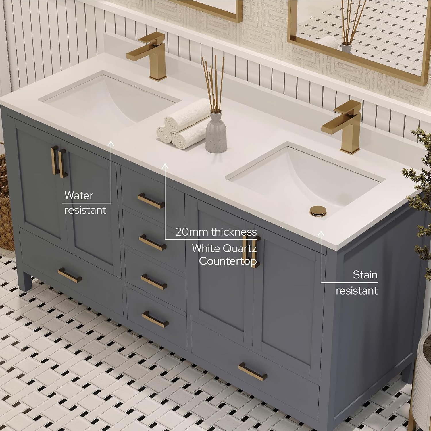 Ayna Decors Rooh 60 in Charcoal Grey Double Sink Bathroom Vanity Set with White Quartz Countertop | 4 Soft Closing Doors | 5 Full Extention Soft Close Drawers | Gold Hardware
