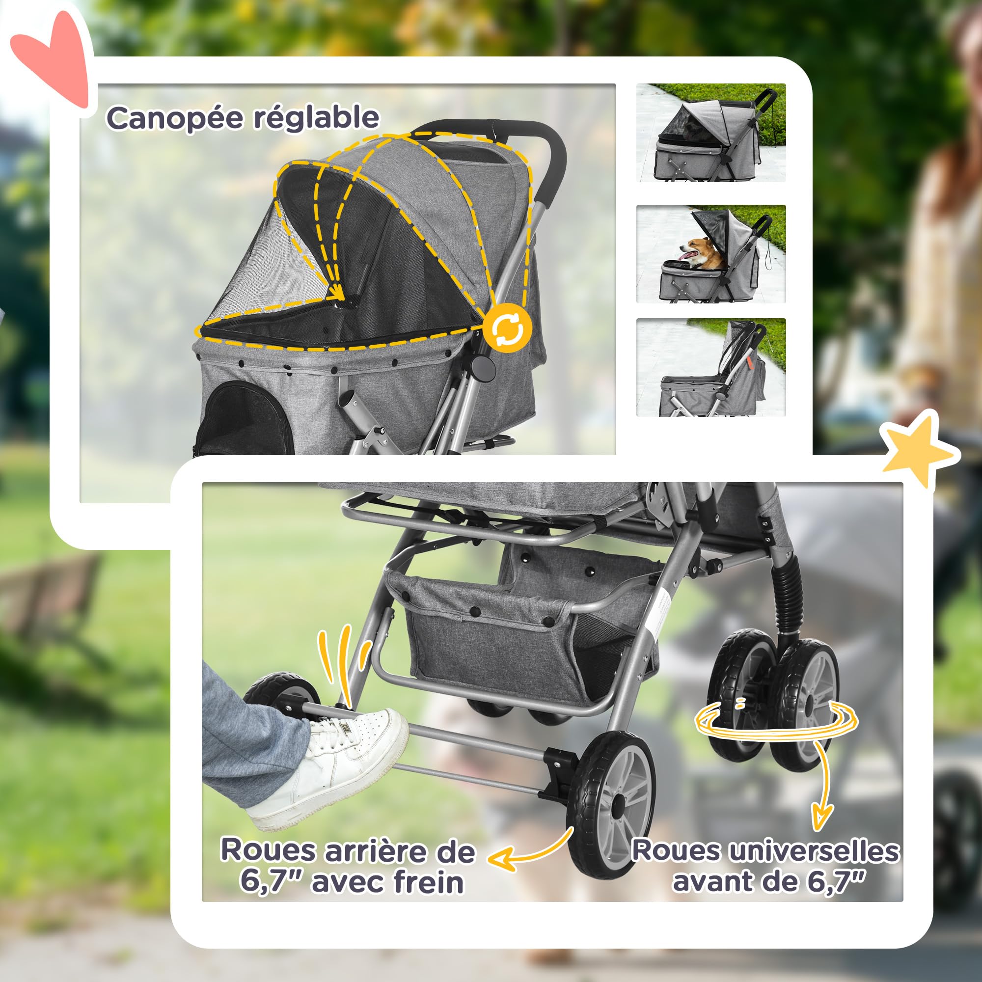 PawHut Poussette buggy pliable chien chat panier et sac de rangement attaches sécurité housse réglable acier Oxford gris chiné noir | Panier et Sac de Rangement, Housse Réglable, Acier Oxford