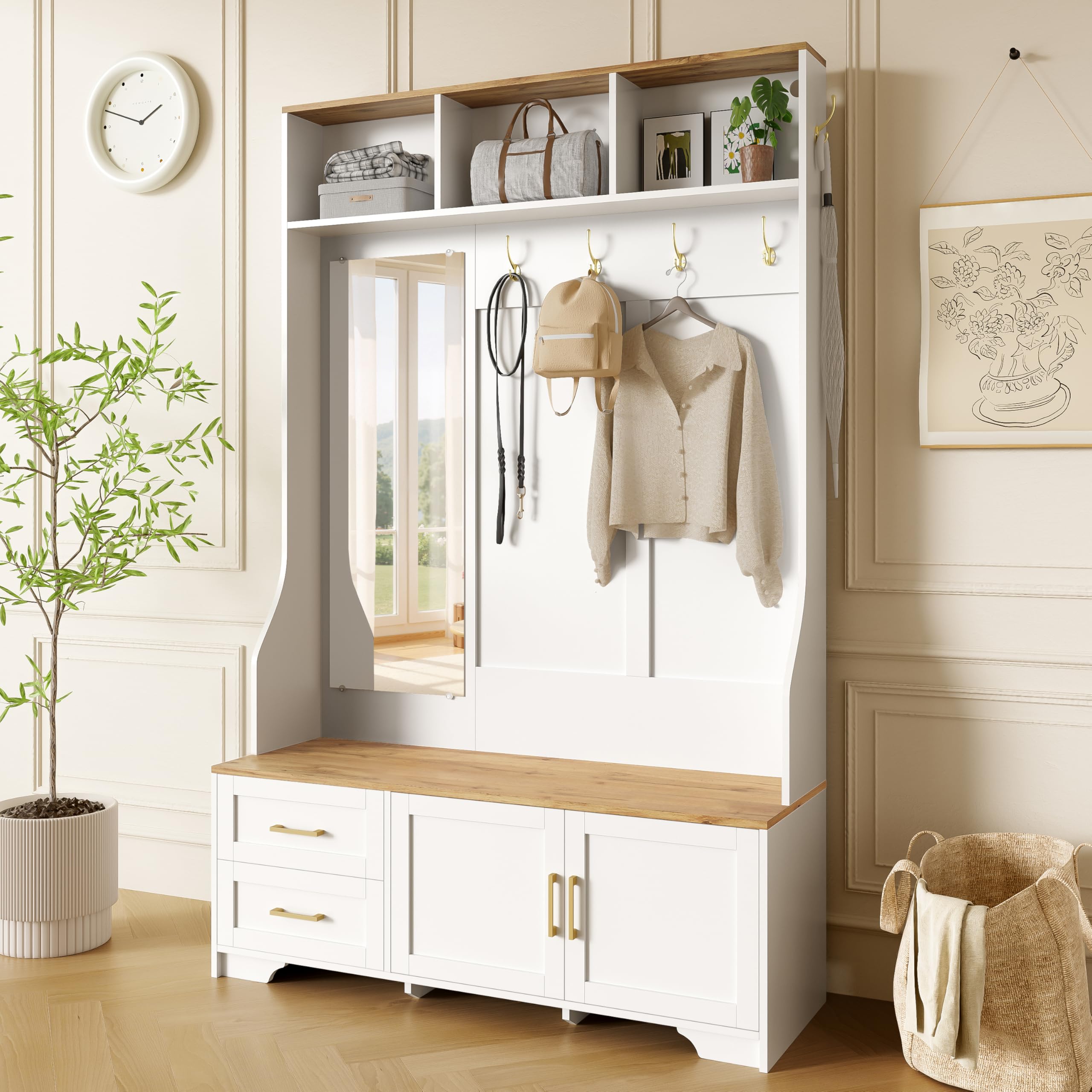 Garderobenset Wandgarderobe mit LED Beleuchtung, Garderoben Set mit Spiegel und Schuhbank, Garderobenständer mit Kleiderhaken & Schubladen, Modern Weiß Flurgarderobe mit Sitzfläche, 120x40x187