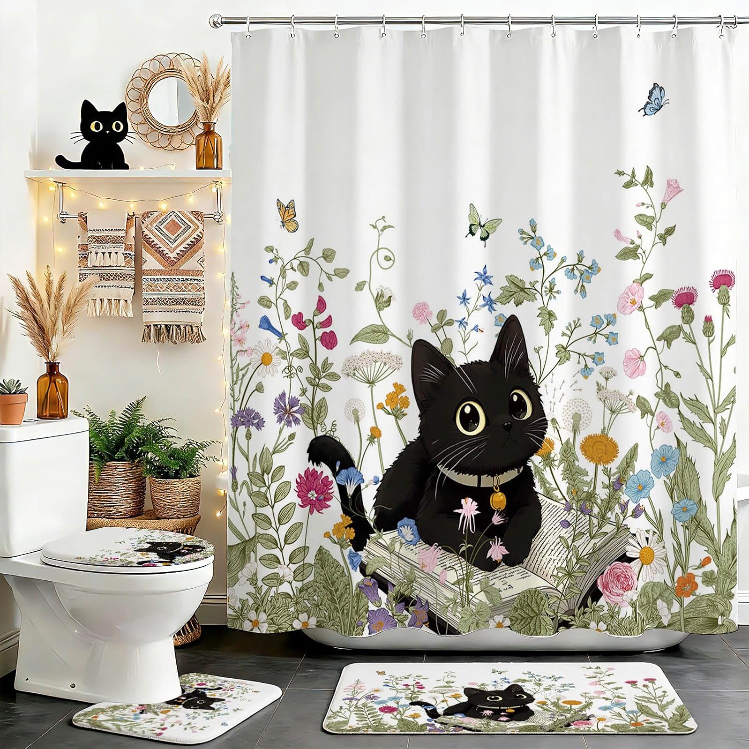 Mocsicka Floral Shower Curtain Set Cute Funny Black Cat Shower Curtain Set Farmhouse Wildflower Bath Curtain Boho Floral Bathroom Decor Set with Non-Slip Washable Bath Rugs, Toilet Lid Cover