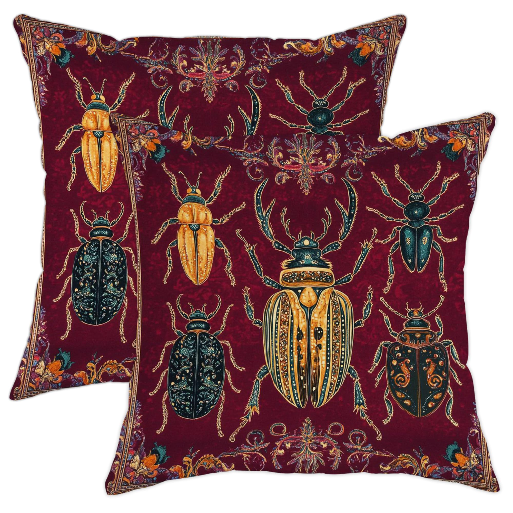 Beetle Print Throw Pillow Covers Set of 2, Burgundy Bug Pattern Decorative Cushion Cases, Vintage Insect Decor for Home Sofa Bed Couch 28x28 Inch