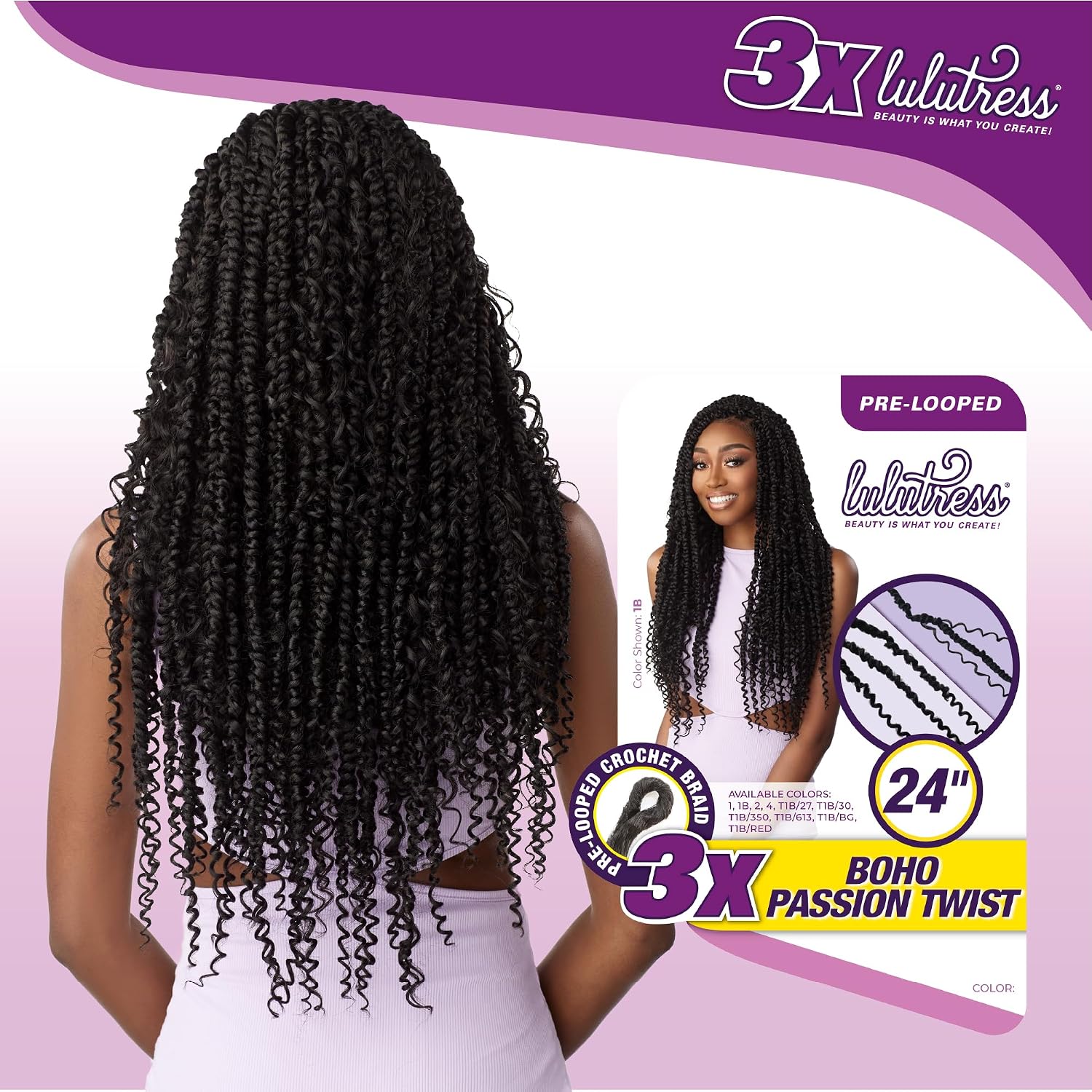 Sensationnel Lulutress crochet braiding hair - 3x boho passion twist 24 inch pre made diy all kanekalon synthetic locs twists (1 pack, 1 JETBLACK)