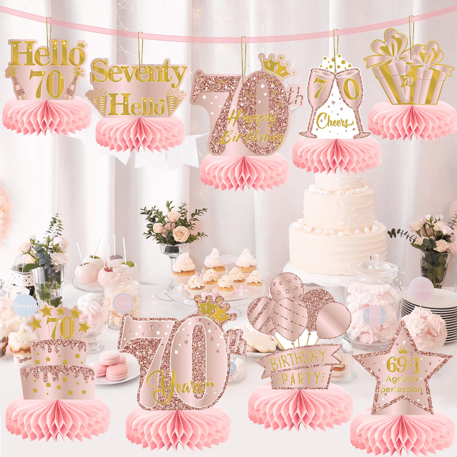 Snapklik.com : 9Pcs 70th Birthday Decorations Pink Rose Gold Honeycomb