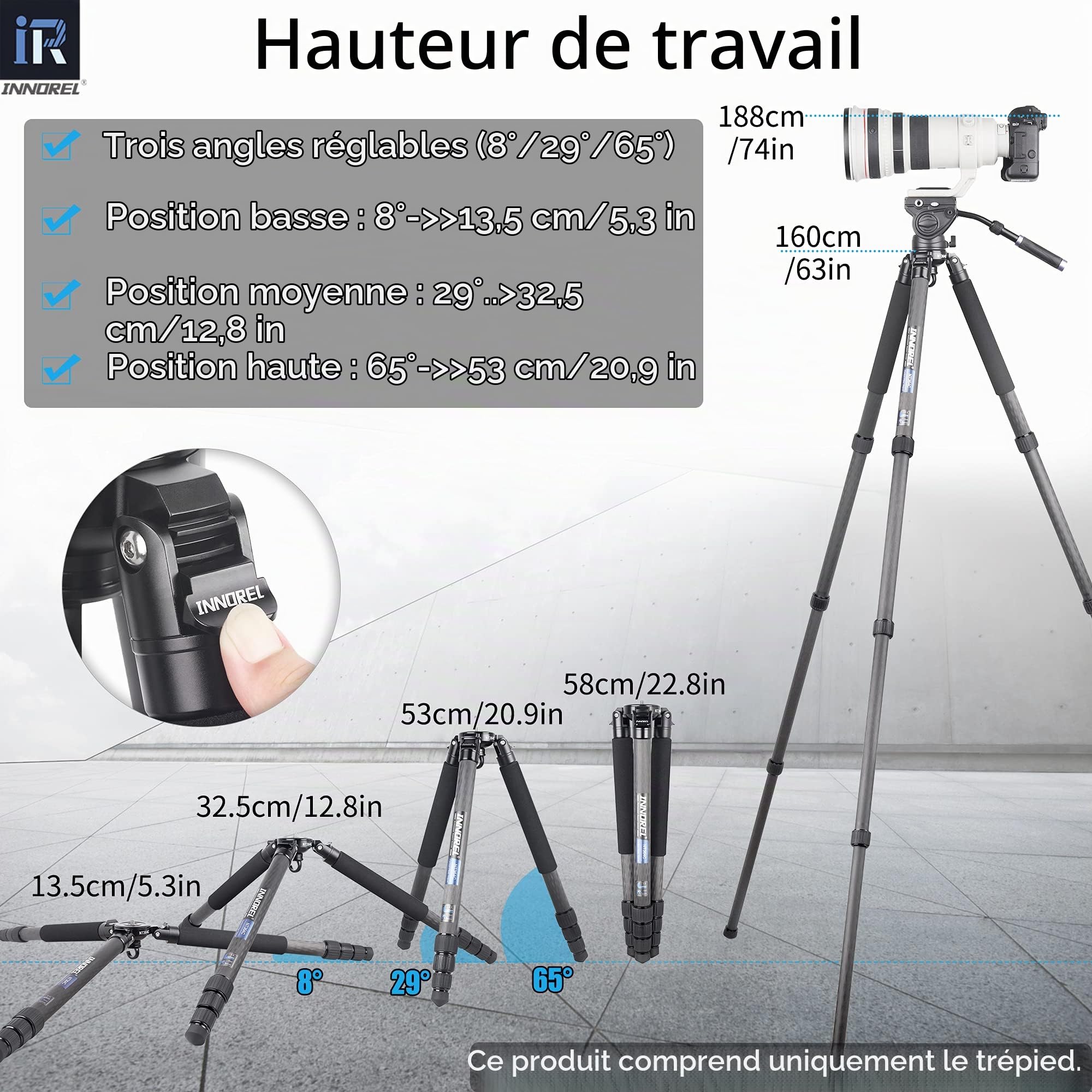 INNOREL NT364C Bol Trépied Fibre de Carbone 160cm/63pouces,Verrouillage Tournant Trépied Professionnel pour Appareil Photo Robuste Ultra Stable Tube Max 36mm Charge Max 25kg avec Adaptateur 75mm/Sac