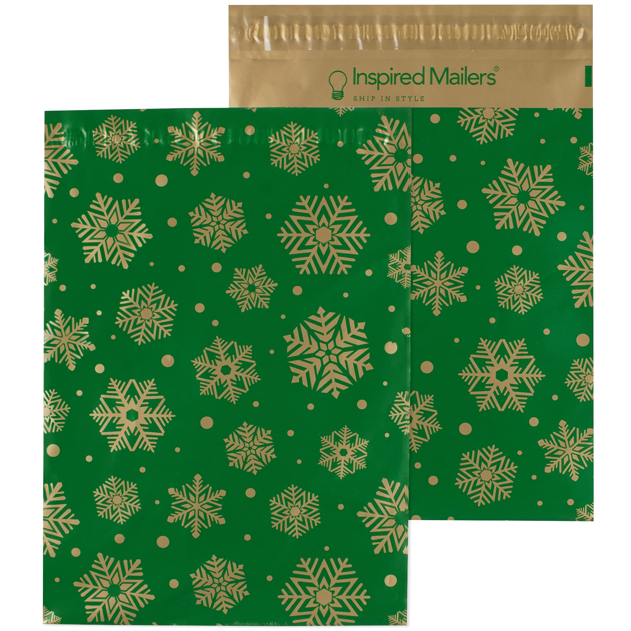Inspired Mailers - Poly Mailers 14,5 x 19-50 sztuk - złote płatki śniegu deluxe (zielone) - zimowe koperty wysyłkowe - duże torby pocztowe - torby do pakowania do wysyłki
