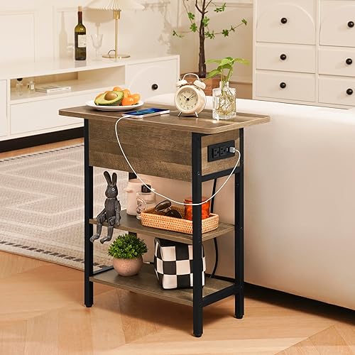 Miniatura 2 de Yoobure Mesa auxiliar con estación de carga, mesa auxiliar abatible con puertos USB y tomas, mesa de noche para sala de estar, dormitorio, mesita de