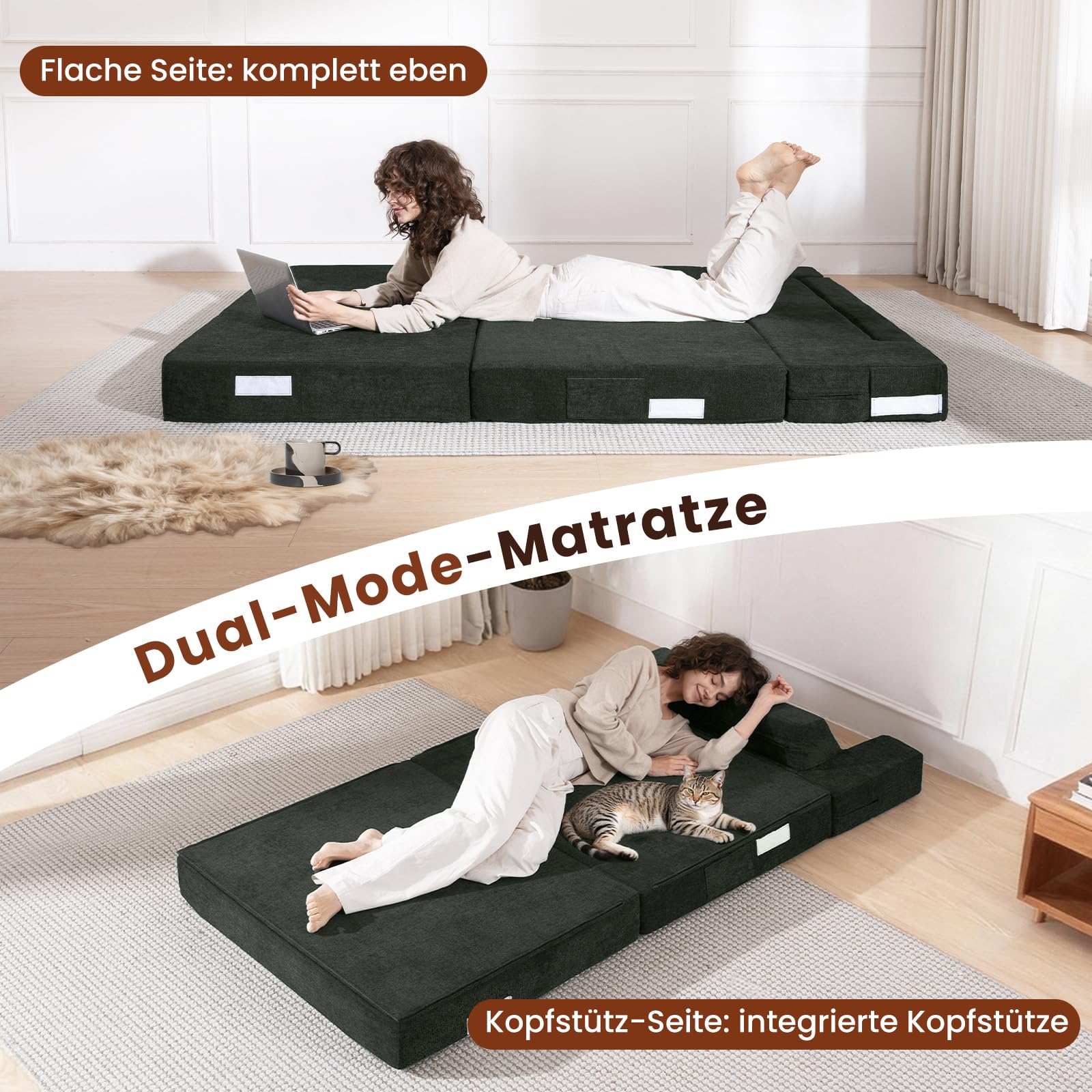 4-in-1 Schlafsofa 100 x 200 cm – Schlafsessel mit Bettfunktion, klappbares Bettsofa, Faltbare Schlafcouch mit schrägen Rückenkissen & separatem Kissen, waschbarer Bezug, Grau