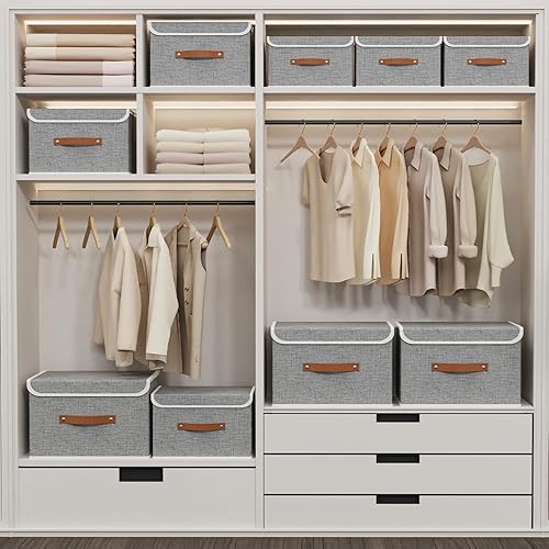 Miniatura 2 de Yawinhe Contenedores de almacenamiento con tapas, cestas de armario, lavables y asas de cuero, cajas plegables para el hogar, gris, 17.7 pulgadas de