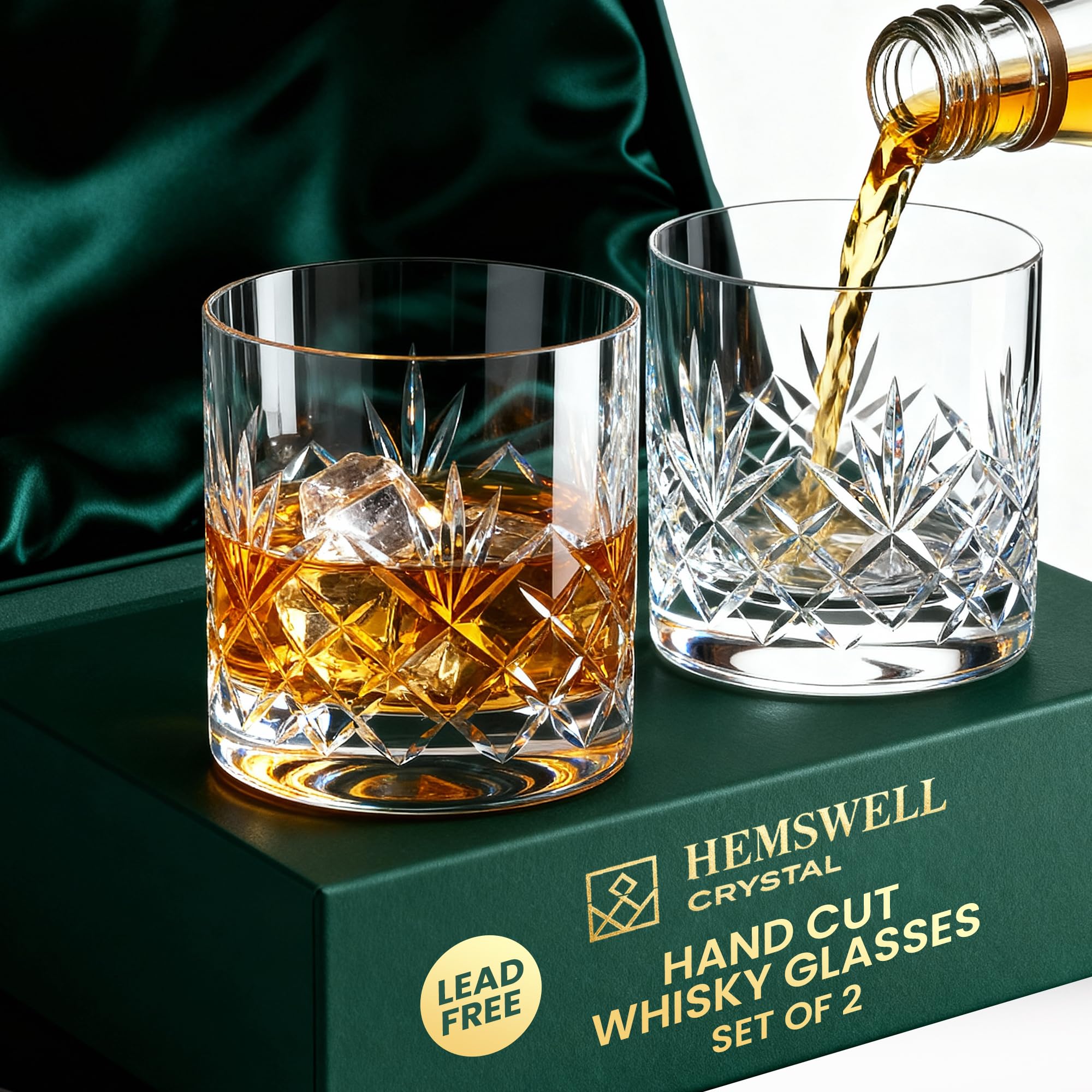 Whiskey Glasses Set of 2 - Crystal Whisky Glasses 310ml - Cut Glass Whiskey Tumblers - Lead Free - Satin Lined Box - Glenrigg