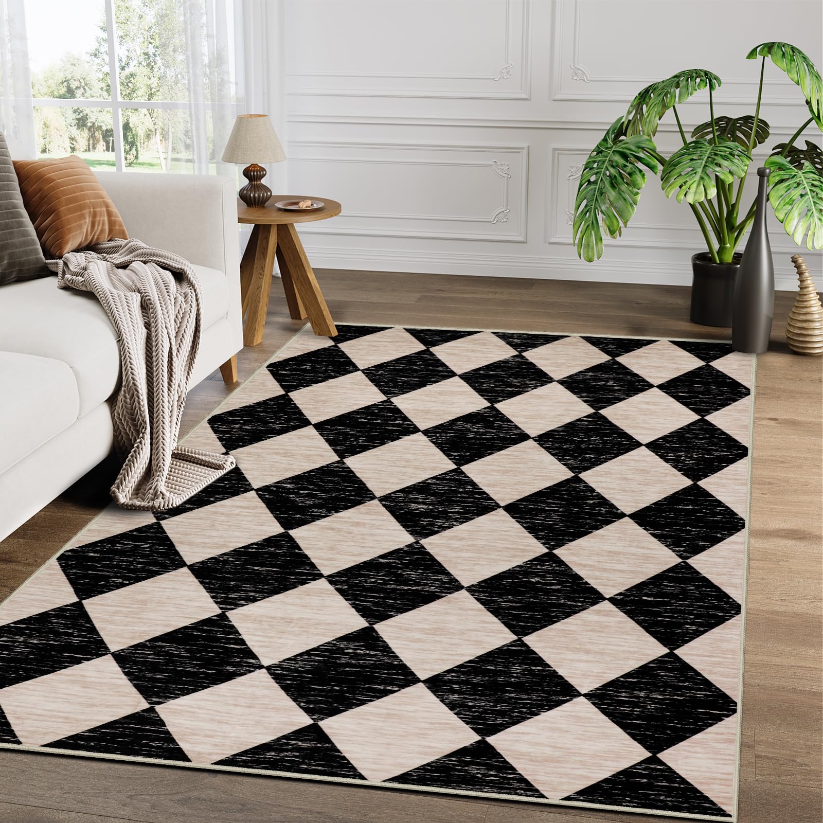 Capslpad Boho 3x5 Washable Area Rugs, Moroccan Trellis Non Slip Entryway Indoor Doormat, Low Pile Black and Beige Checkered Soft Carpet Breathable Rug for Bedroom Living Room Kitchen