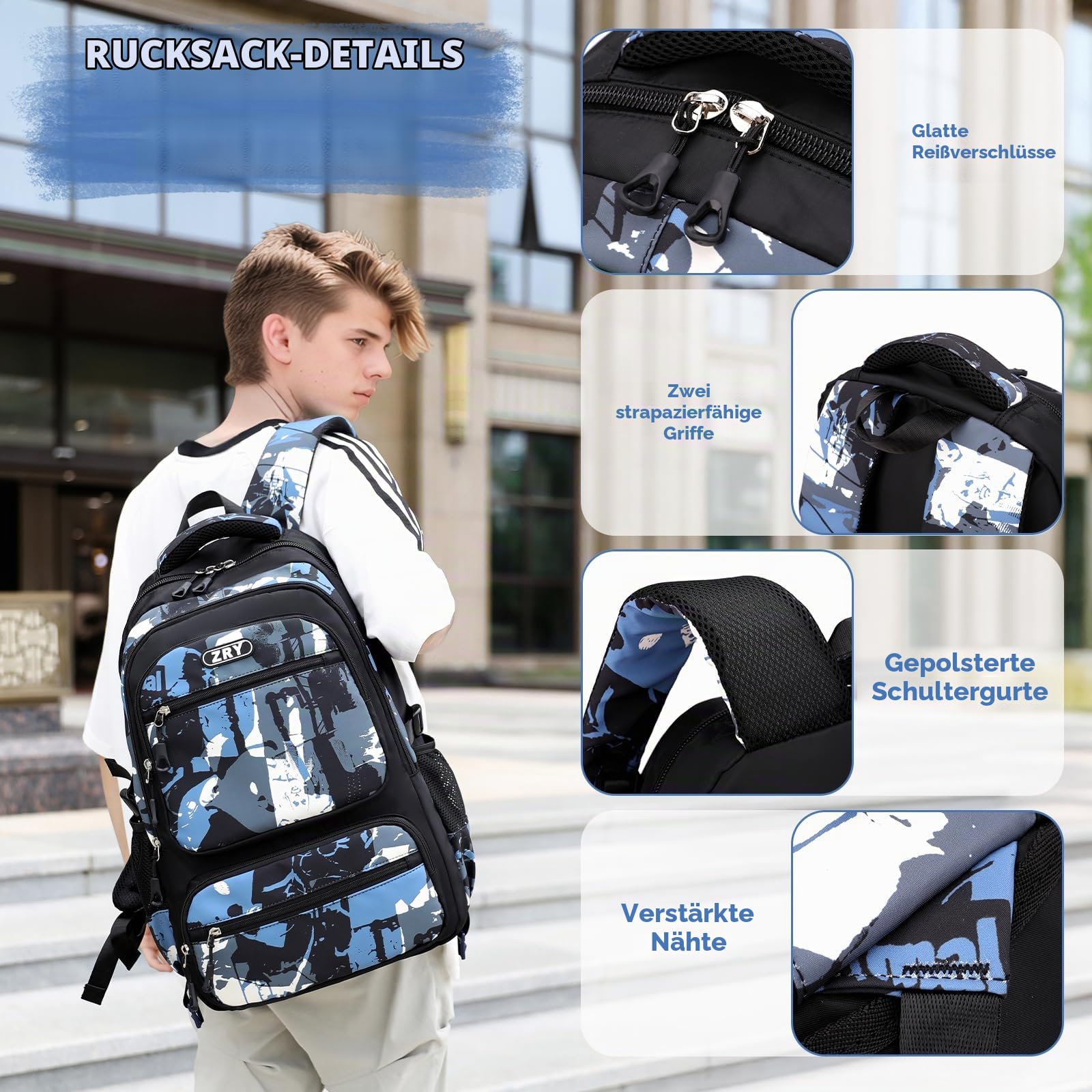 Amythe Rucksack Teenager Jungen Schulrucksack - 40L Schulranzen für Grundschule 5+, Realschule & Universität, Modischer Daypack für Reisen, Lässig 16 Zoll Laptop-Rucksack Herren, Schwarz
