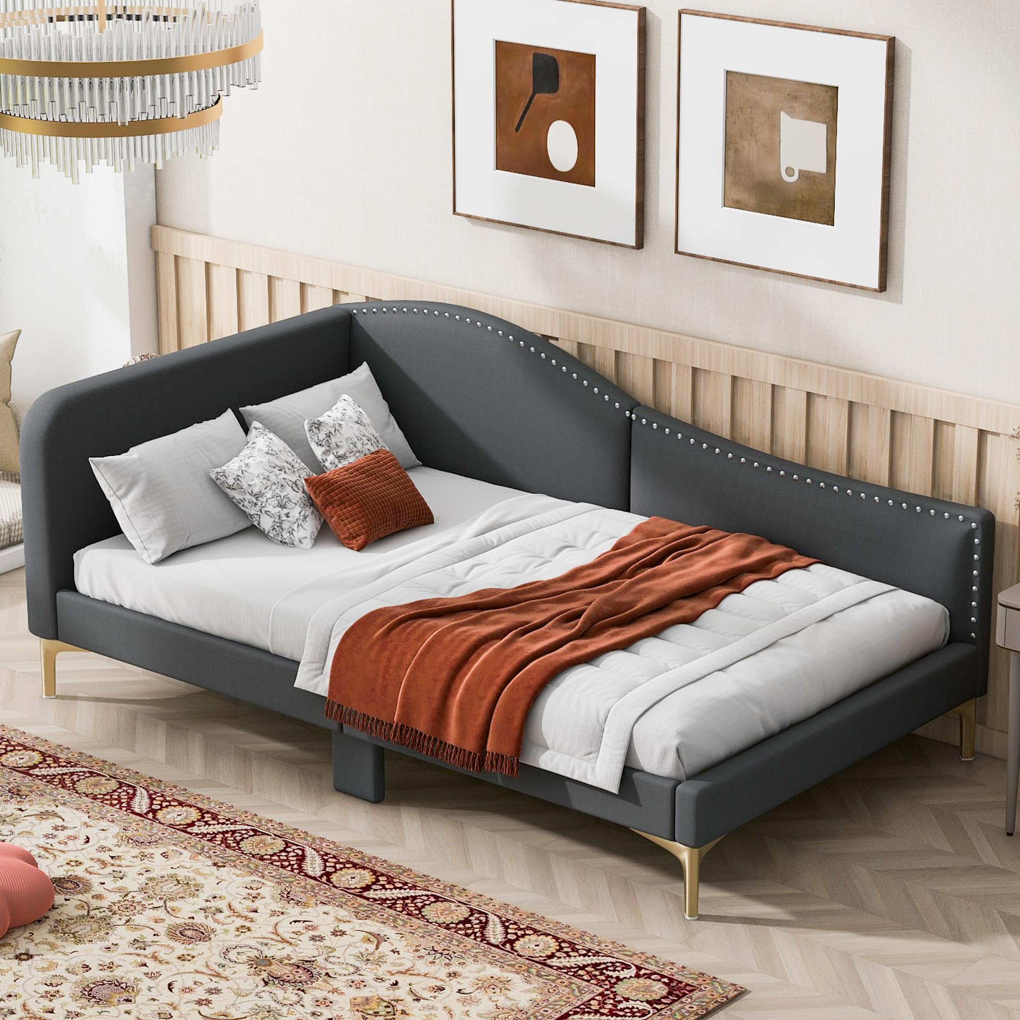 harper & bright designs twin size upholstered daybed bed frame for boys girls kids adults toddler with headboard and armrest, support legs, grey