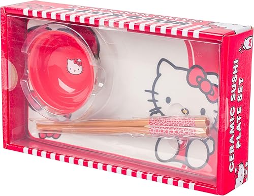 Miniatura 6 de Silver Buffalo Sanrio Hello Kitty - Juego de sushi de cerámica con lazo rojo y blanco con plato de salsa y palillos a juego