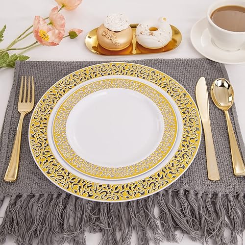 Miniatura 5 de supernal Elegante juego de vajilla desechable de encaje dorado, juego de 180 piezas  30 platos redondos de plástico para cenapostre, 90 cubiertos de