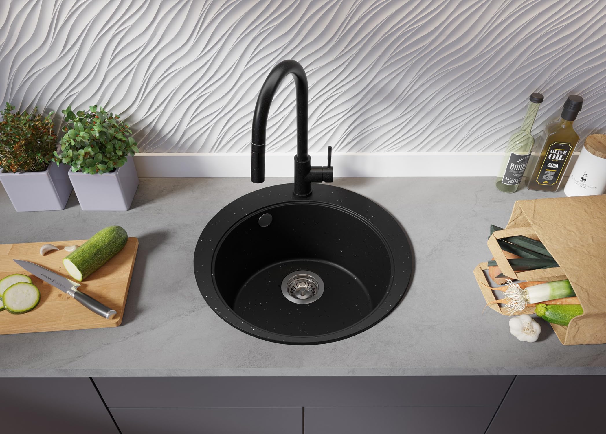 PRIMAGRAN Fregadero Cocina Negro Metallic - Pisa Top, 50x50cm | Granito 1 Seno + Sifón, sobre Encimera al Mueble 45cm (S004)