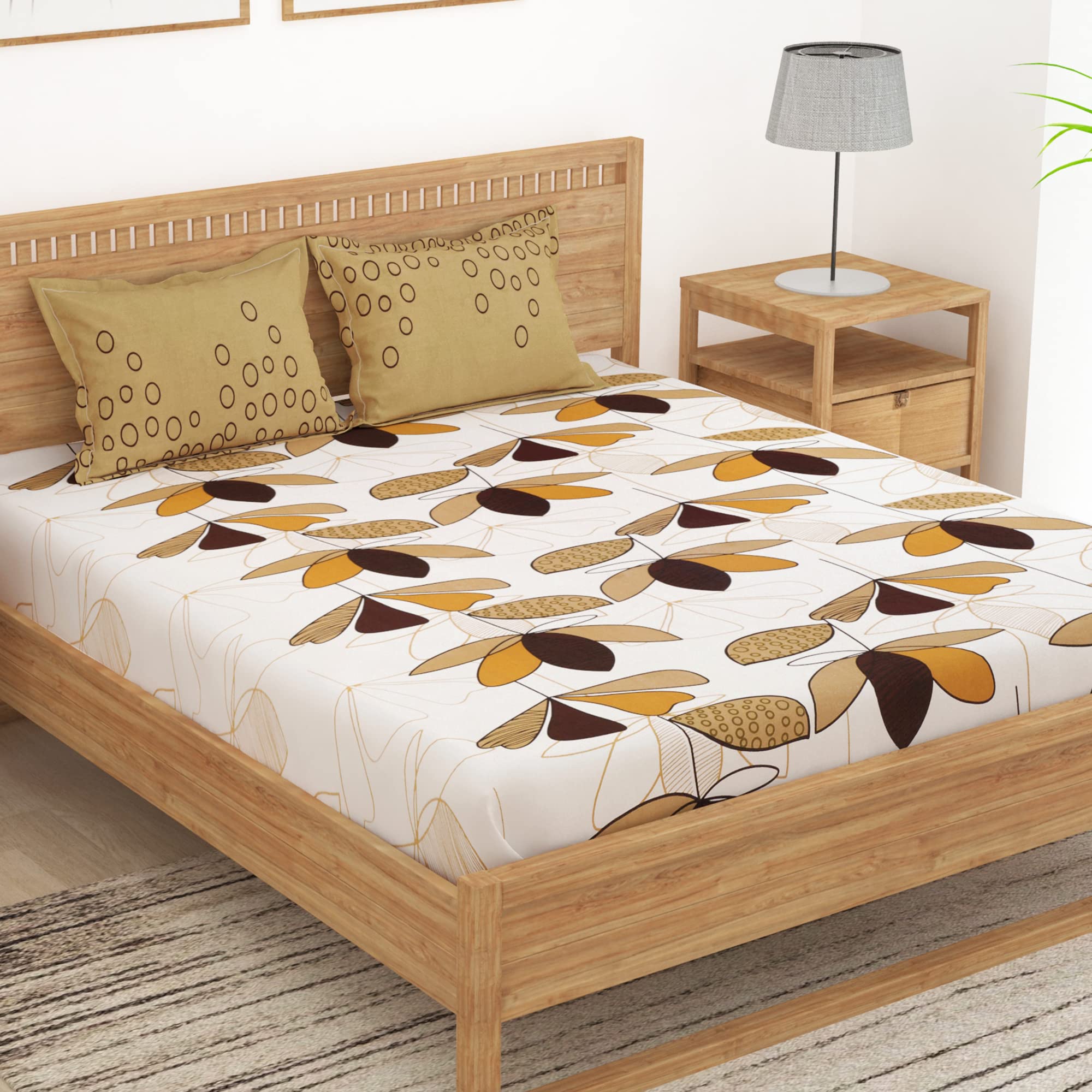 Story@HomeMajestic Collection Cotton 144 TC Elegant Floral Pattern 1 Double Bedsheet with 2 Pillow Cover - Golden and White