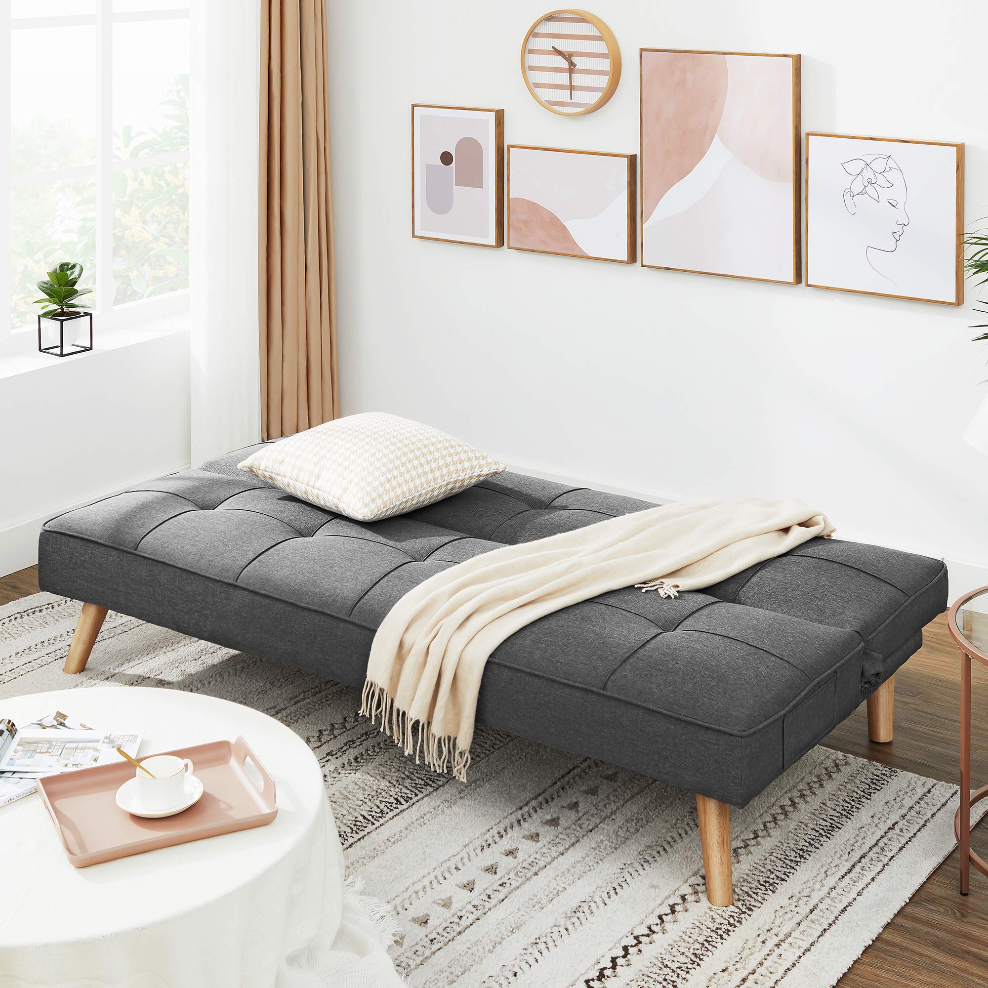 VASAGLE Divano Letto Futon, Divano Trasformabile, Rivestimento in Cotone-lino e Gambe in Legno, 175 x 83 x 76 cm, Divano Pieghevole per Appartamento, Grigio LCS701G01