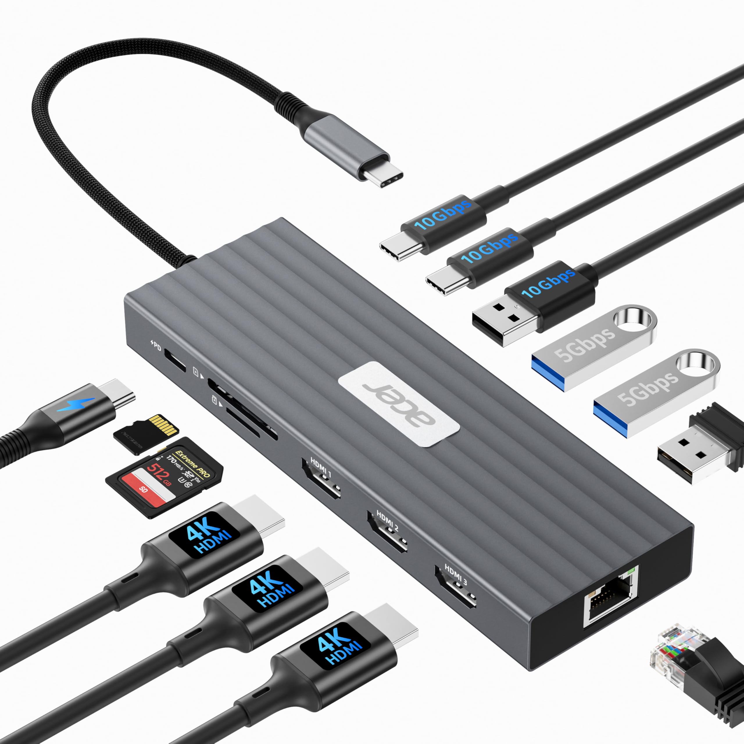 acer USB C Docking Station 3 HDMI 4K@60Hz, 13IN1 Triple Display Hub mit 10Gbps USB-A+2C, 5Gbps USB-A, 1Gbps Ethernet, 100W PD, SD/TF Kartenleser Adapter, für Surface,MacBook Pro,Dell,Laptop usw.