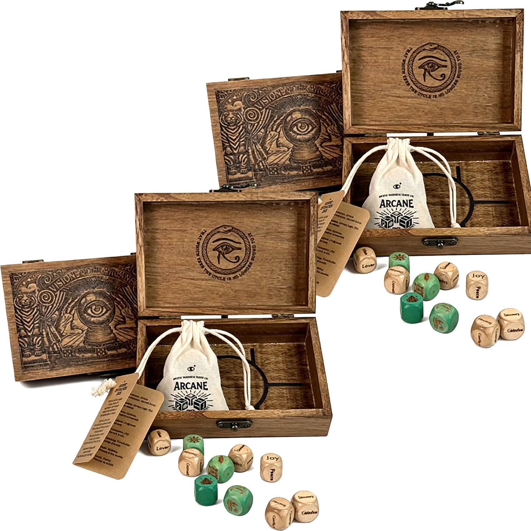 Arcane Divination Dice Set – Orakel-Würfelset mit gravierter Holzbox für Tarot-Rituale & spirituelle Praxis (2Pcs)