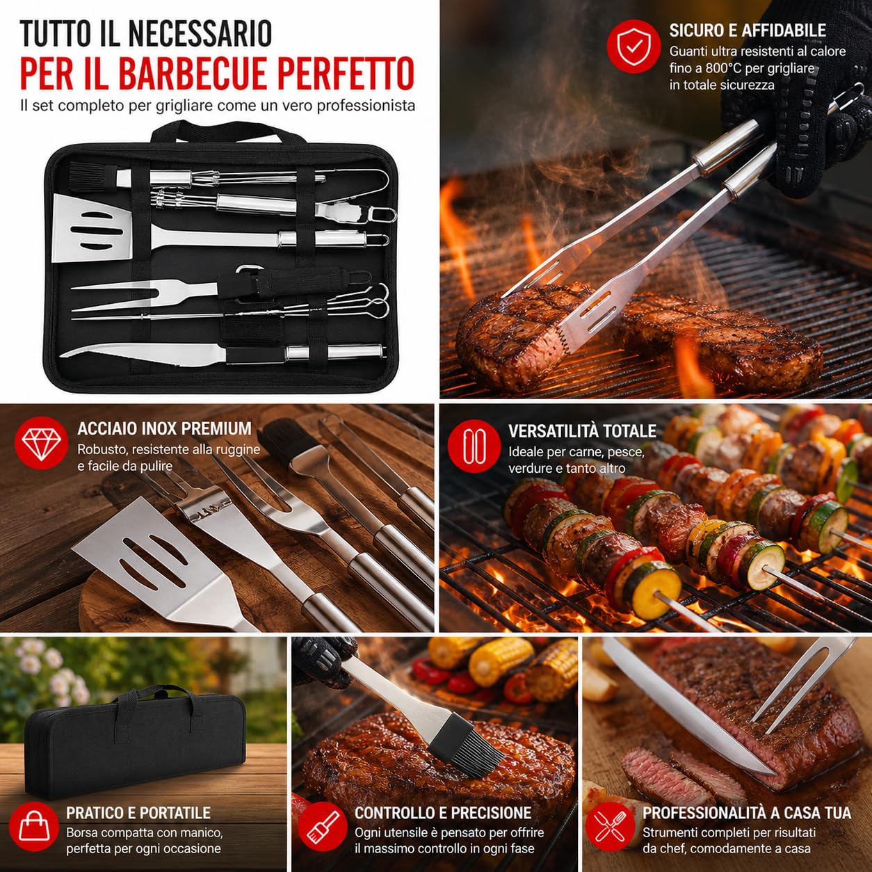 Set 9 pezzi Utensili barbecue Guanti da Barbecue Acciaio Inox Set Di Attrezzi Guanti da forno Doppio Resistente al Calore per Barbecue Grigliate Cottura al forno Camino
