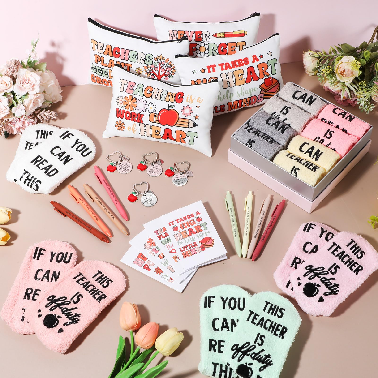 Fulmoon 40 Pcs End of Year Teacher Gifts Bulk Socks Makeup Bags Keychains Motivational Notebooks Ballpoints for Women Teacher Graduation Gifts