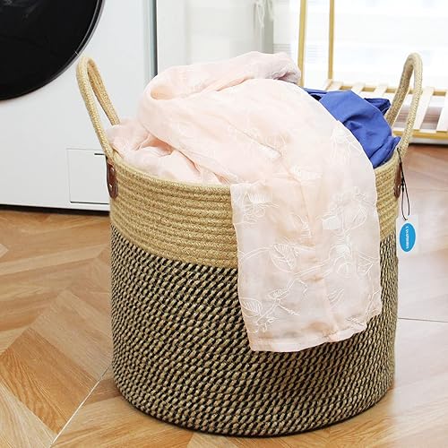 Miniatura 4 de Casaphoria Cesta grande de yute tejida con asas, cesta de lavandería de yute natural para toallas, mantas, decoración del hogar, 14 x 14 x 12