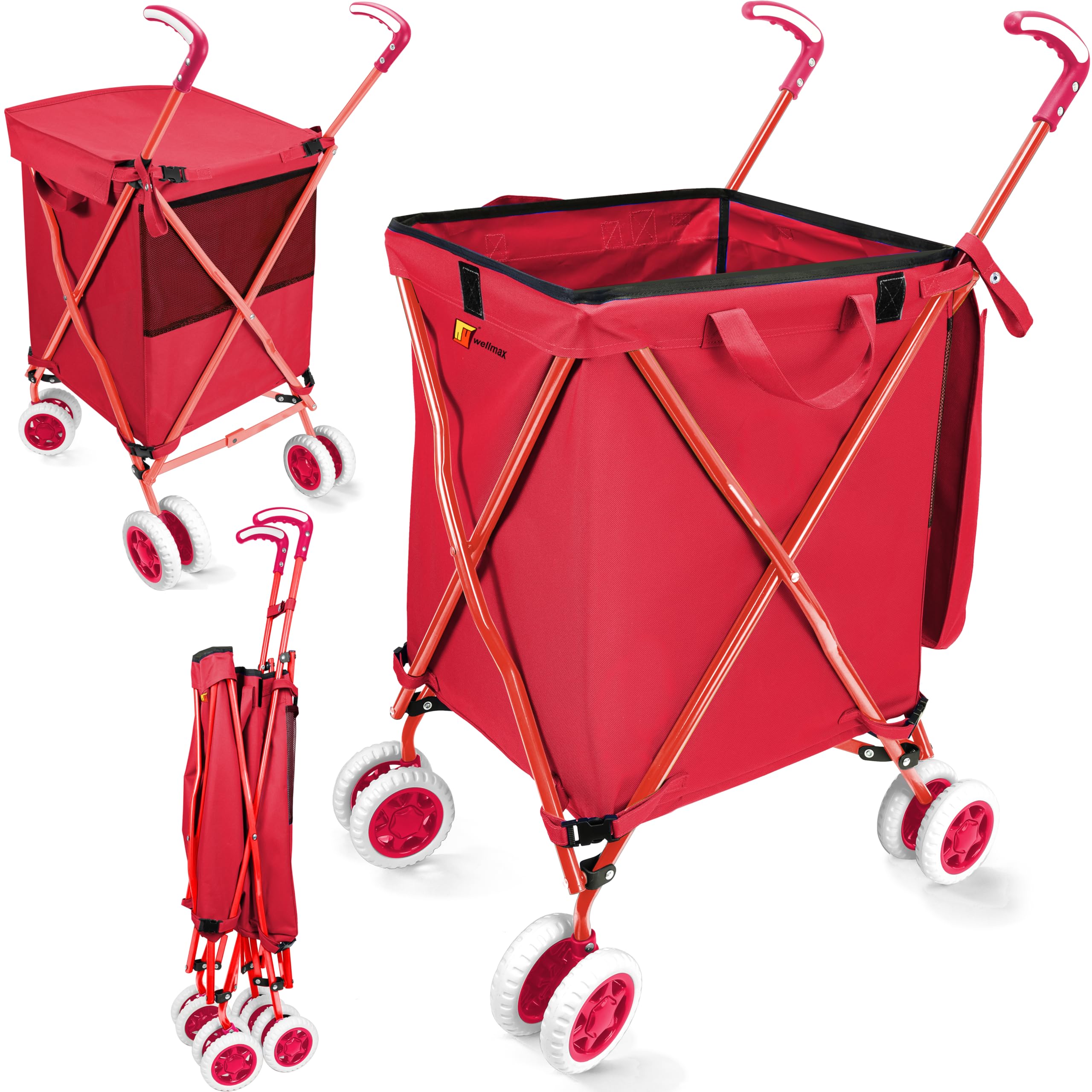 Wellmax WM99100 Series Folding Shopping Cart with Wheels, Grocery Cart with Removable Canvas with Cover, Lightweight Utility Cart for Groceries and Laundry - Holds up to 120 lbs (Red)