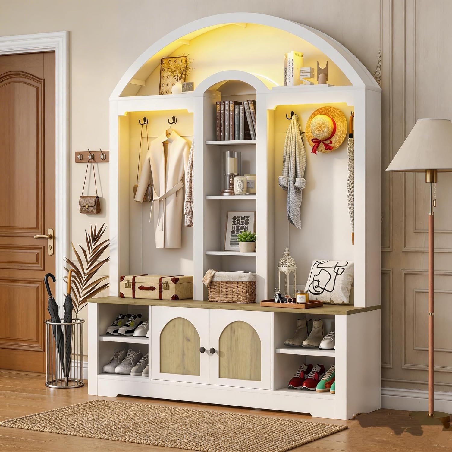 RuiSiSi 77" Arched Entryway Hall Tree with Bench and Shoe Storage, Elegant Entryway Bench with Coat Hooks, Shelves & Lights, Entryway Storage Bench with Cabinet for Hallway, Mudroom, White+Walnut