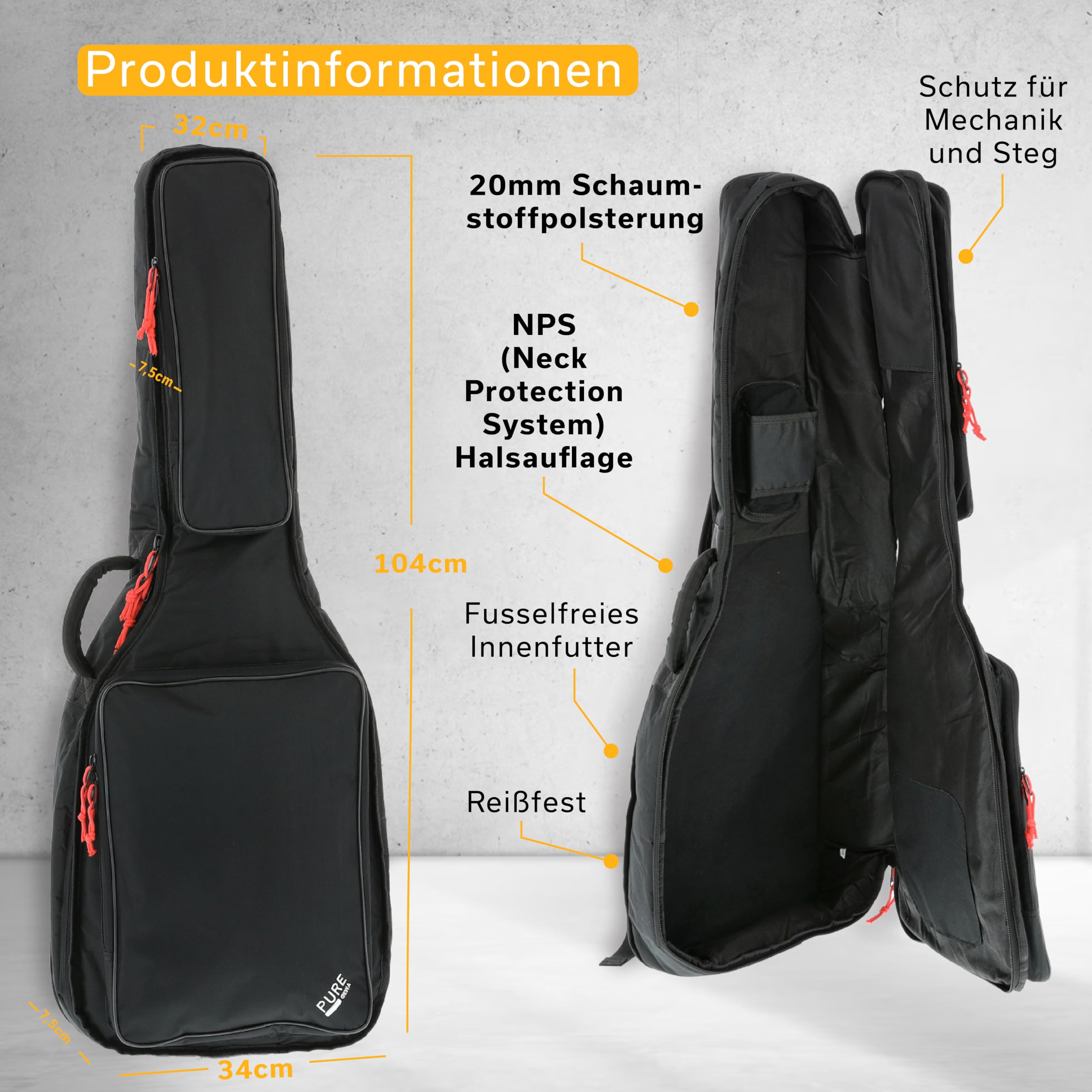 GEWA pure Borsa per Chitarra Serie 120 per Chitarra Elettrica nera, imbottitura in schiuma da 20mm con grande tasca per spartiti