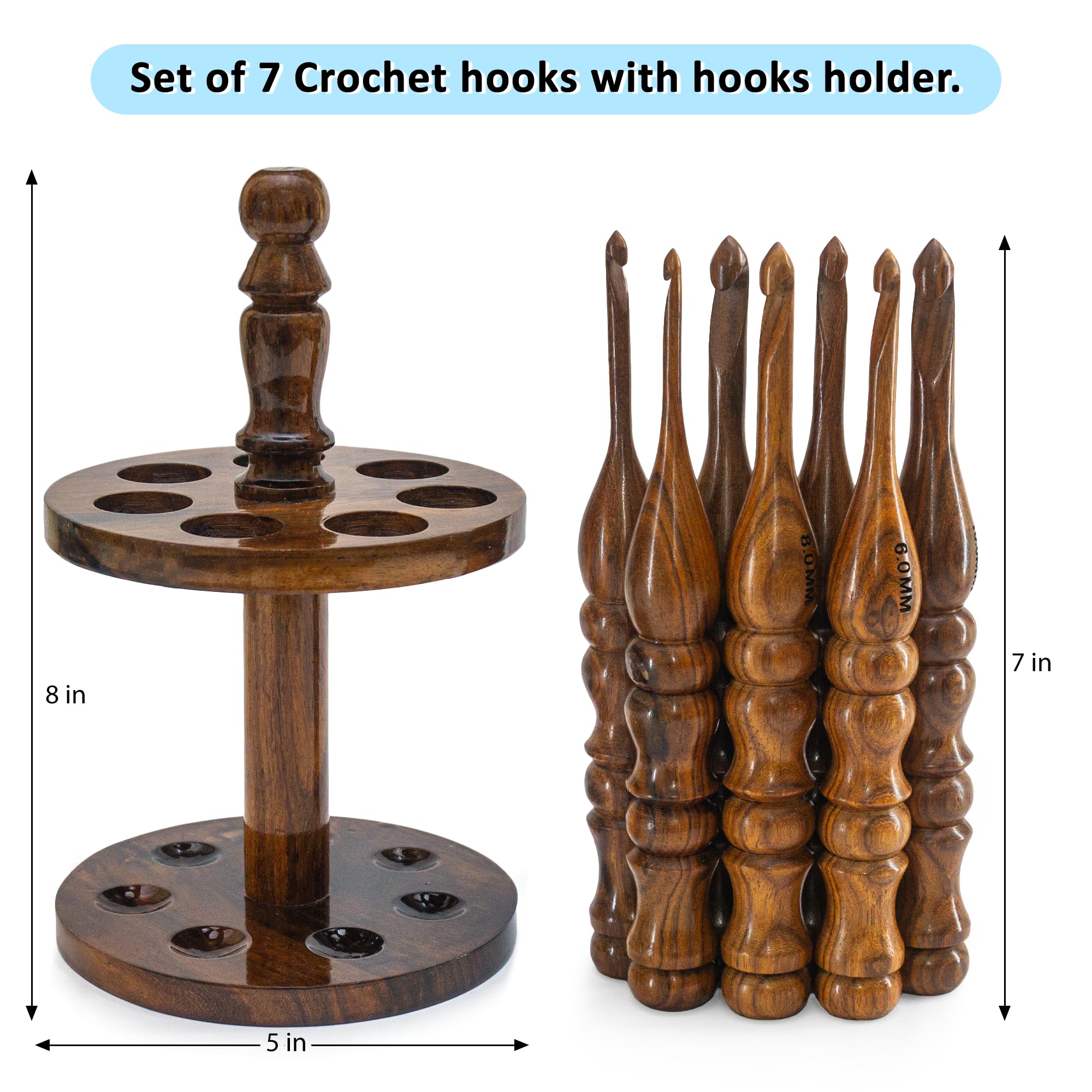 THE KNOX CRAFT - Crochet Hooks Set of 7 (4mm to 10mm), Wood Crochet Hook Ergonomic Soft Grip, Crochet Hooks for Crocheting Yarn, Perfect Knitting Gift (Set of 7 with Crochet Holder)