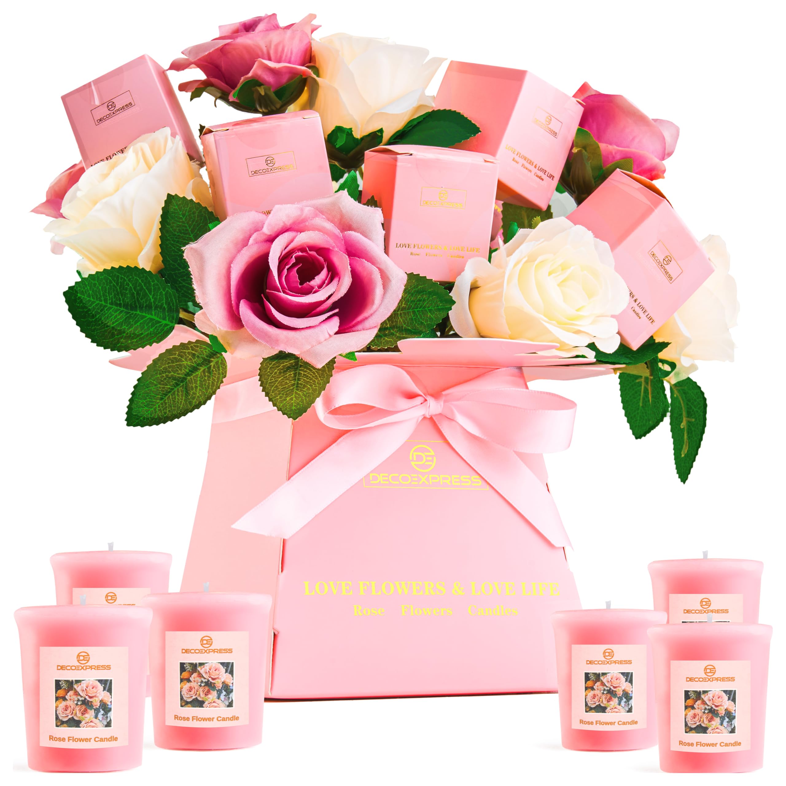 DECO EXPRESS Scented Candle Gift Set with Flowers, Ladies Bouquet Roses and Candle Box Women's Gifts Valentines Day Bday (Pink/White)