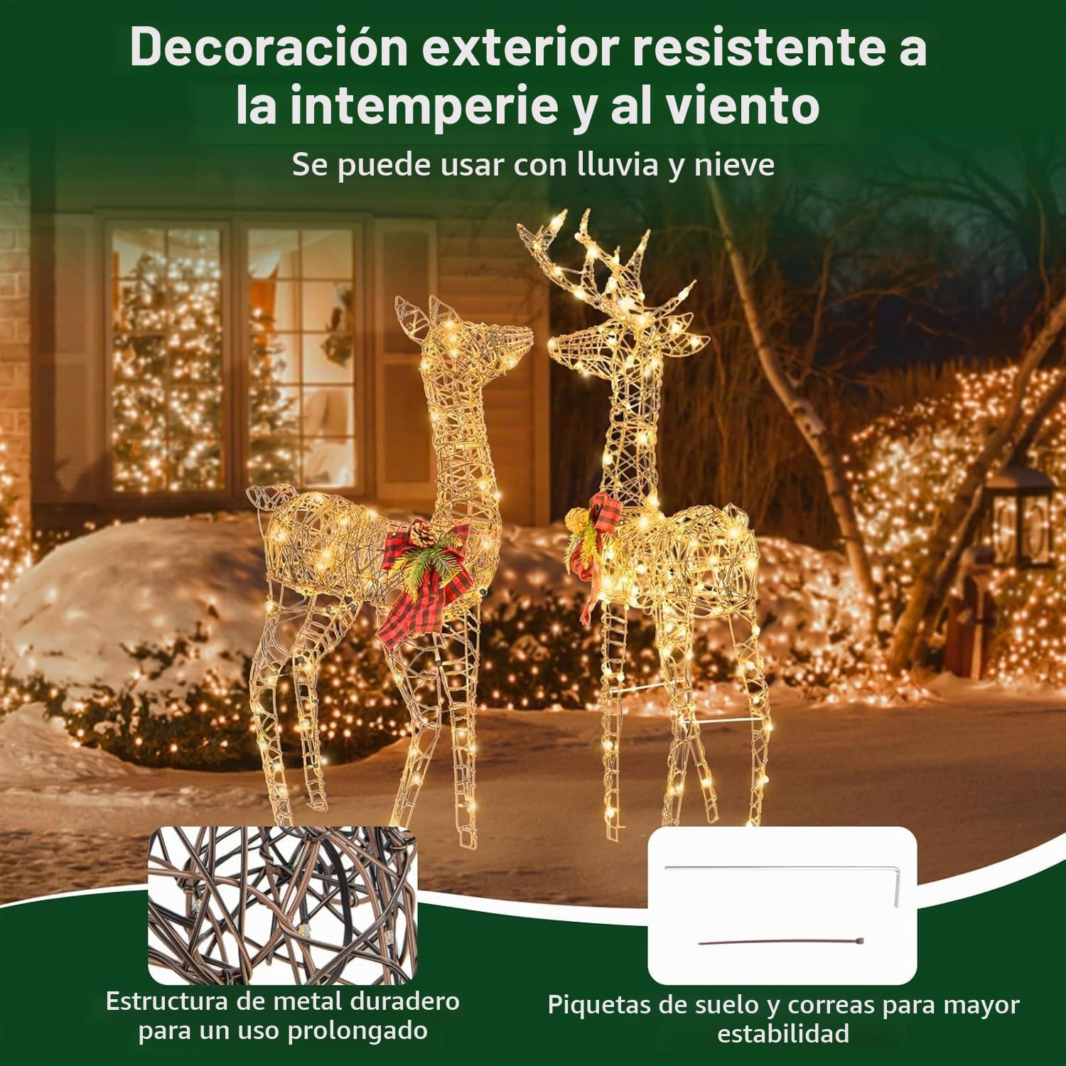 GOPLUS 2 Renos de Navidad Exterior, Juego de 2 Ciervos Iluminados, Decoración Navidad Blanco Cálido con 200 Luces LED,Función de Temporizador, Luz Intermitente, Reno Grande de 110 cm para Jardín Patio