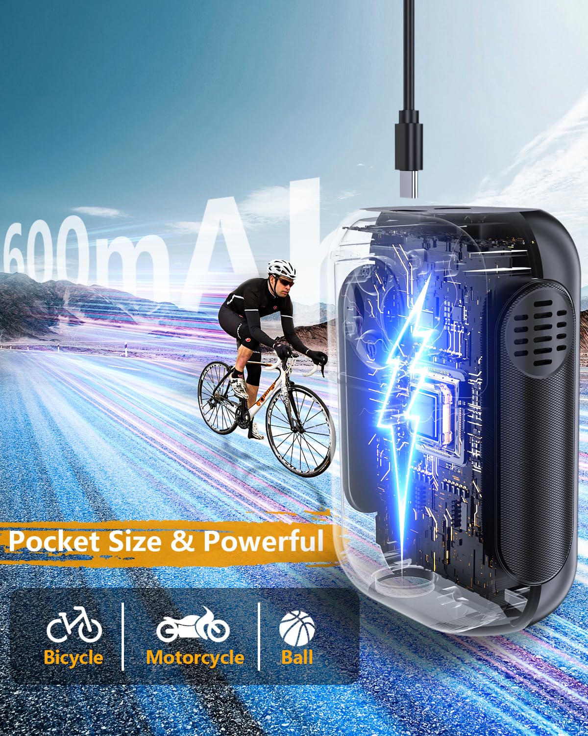 Bomba para Bicicleta, Mini Bomba Bicicleta Eléctrica 120 PSI con Válvulas Presta y Schrader, Bomba de Aire Bicicleta portátil para Bicicleta de Carretera, MTB, E-Bike, Bicicleta de Ciudad