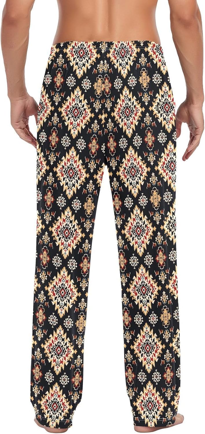 ALAZA Retro Ikat Flowers Aztec Art Men's Pajama Pants Men Cotton Pajama Bottoms with Pockets, S