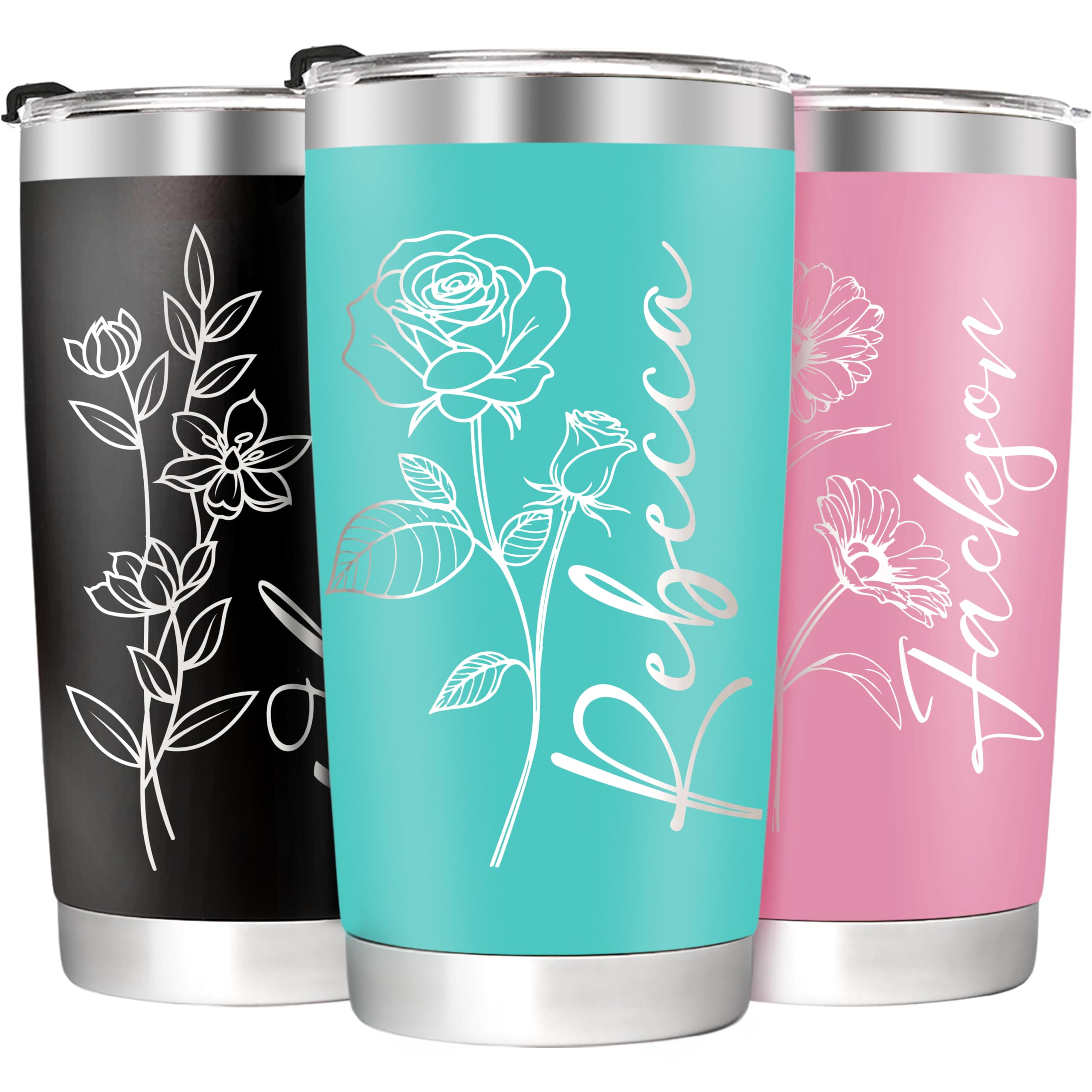 Personalized Tumbler with Name & Birth Flower Month, Custom Coffee Tumbler Stainless Steel Travel Mug Cup 20 Oz Personalized Gifts for Birthday Christmas Anniversary for Dad Mom Kids