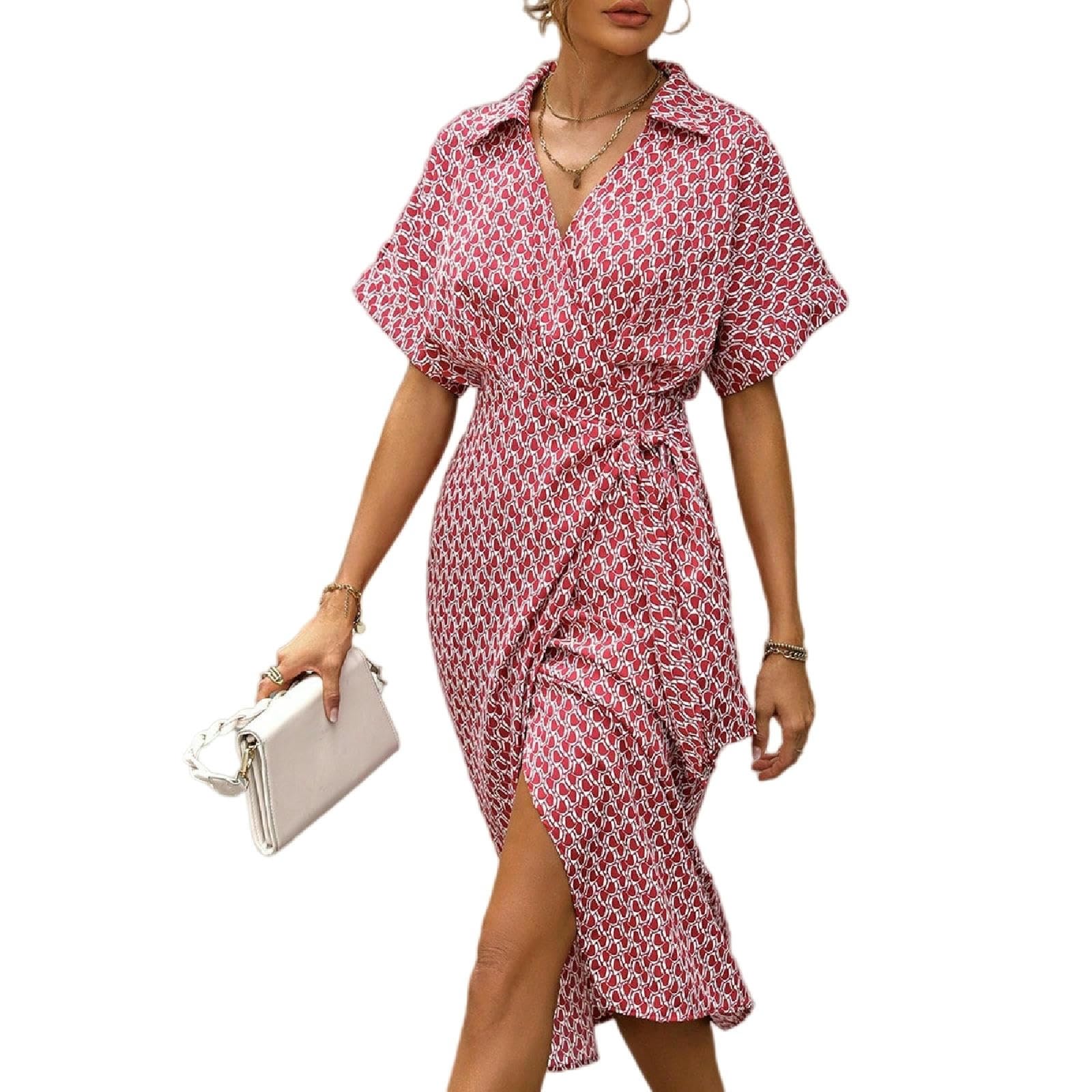 Abiti da Donna Abito Lungo Stampato Estivo Casual Manica Corta con Scollo A V Attillato in Vita-Rosso-l
