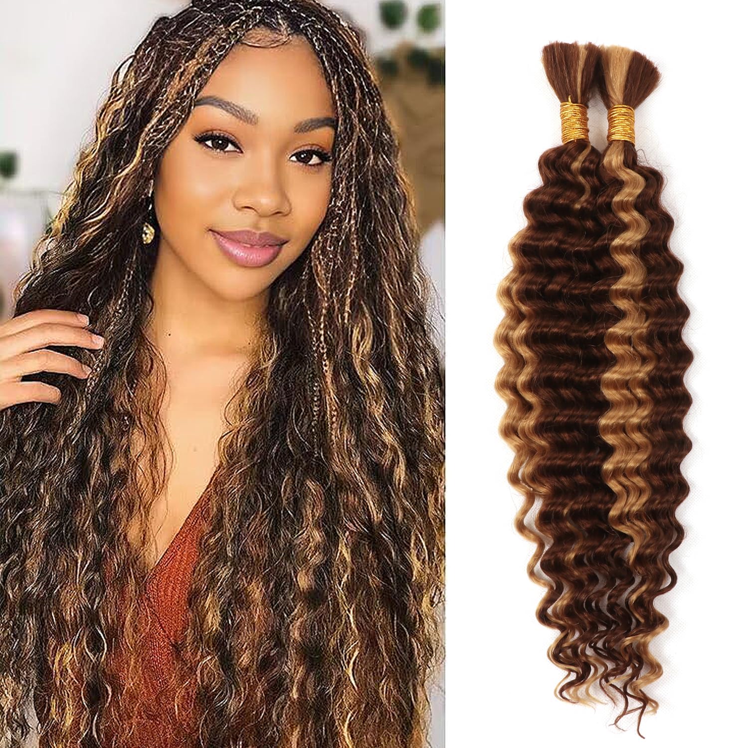 Boho Braids Human Hair Extensions 100g 2 Bundles No Weft Human Braiding Hair for Knotless Braids Wet and Wavy Deep Wave Bulk Human Hair For Women (P4/27#