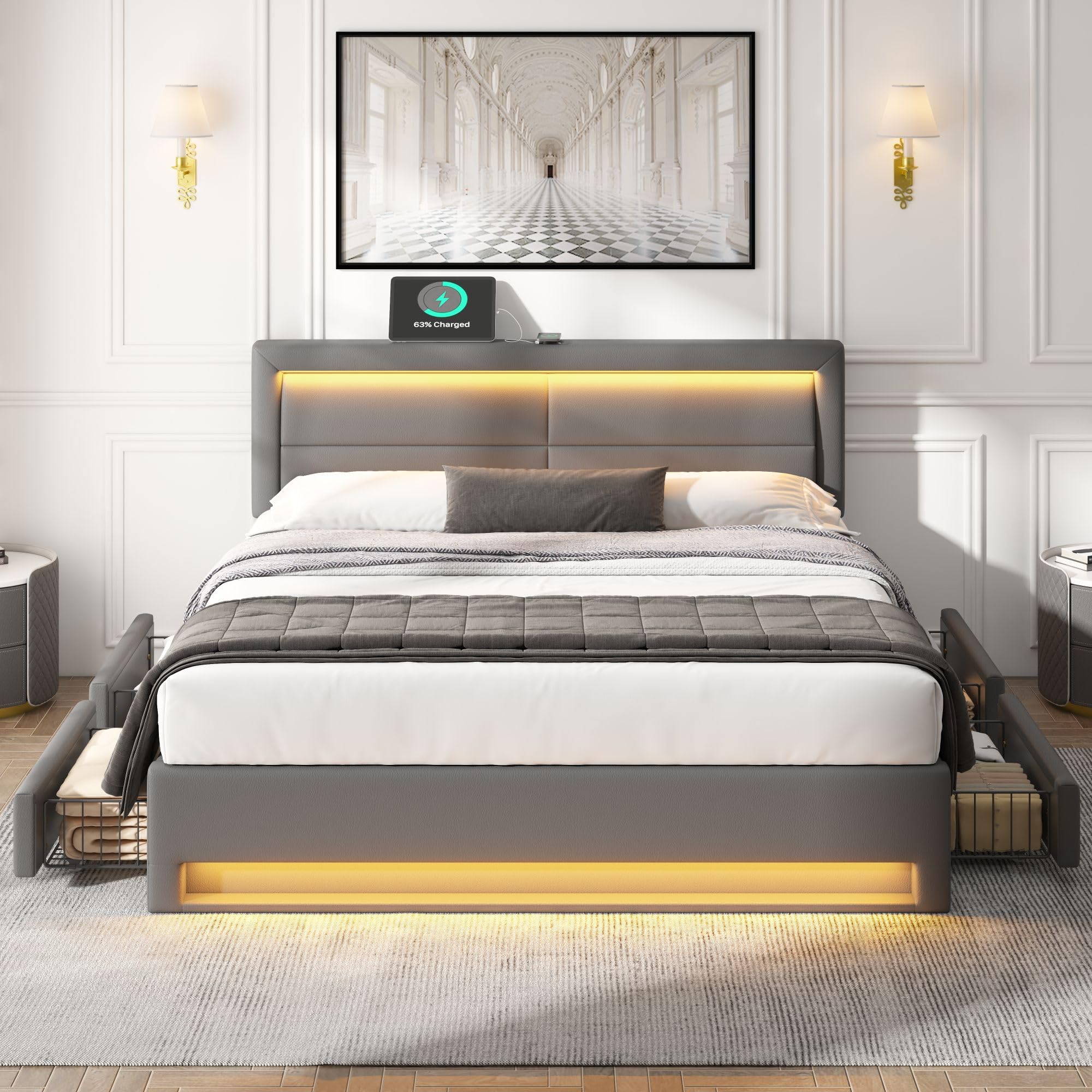 Letto Matrimoniale con Contenitore 140x190 cm con LED e USB (Supportato Senza Fili), Letto una piazza e mezza con 4 Cassetti e Testiera, Letto Contenitore con rete a doghe, Struttura Letto -Nero