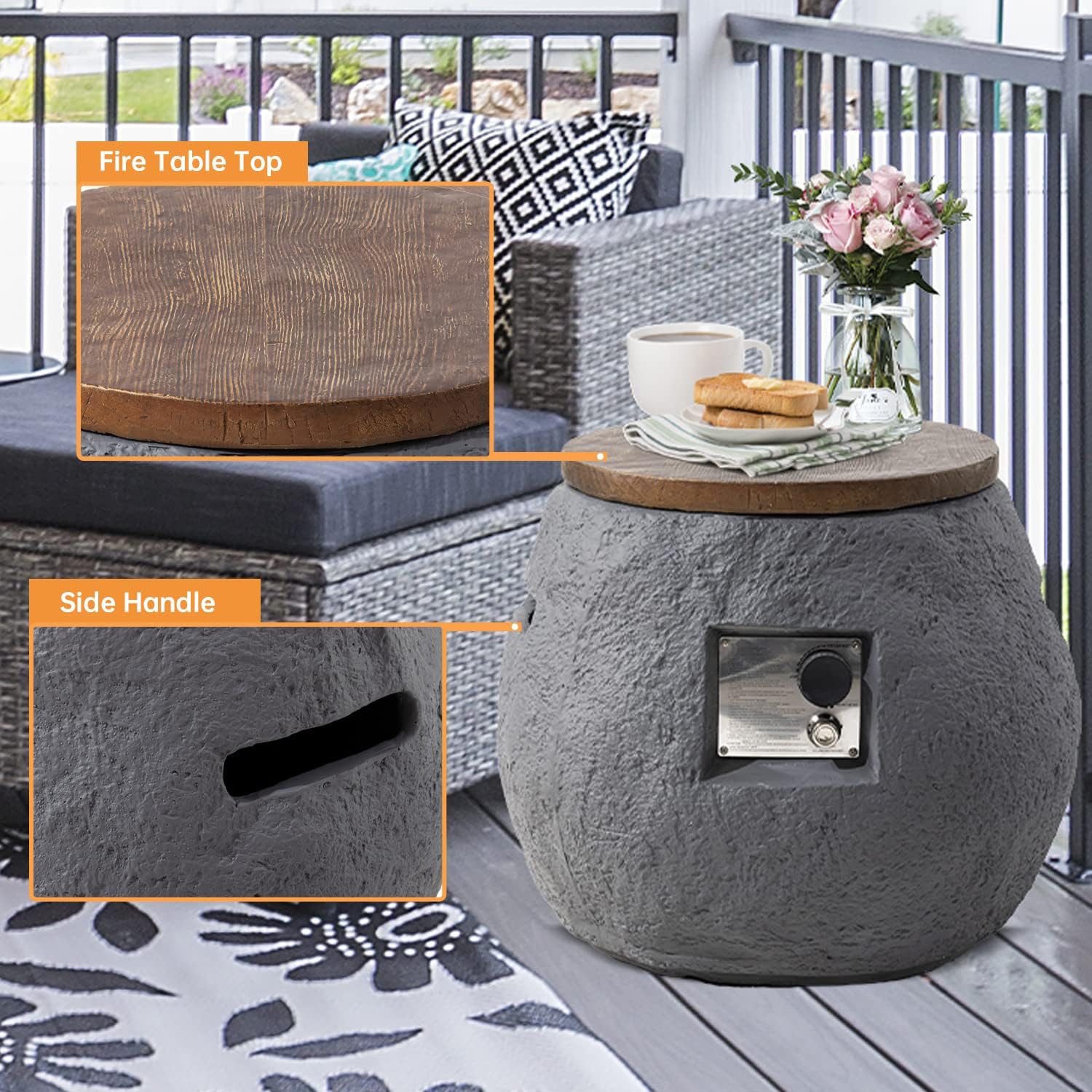 HOMPUS Propane Fire Pit Table Modern Jar Shaped Fire Table for Outside, 2 in 1 Home Decor Side Table for Garden, 40,000 BTU Patio Round Concrete Fire Table with Lava Rocks and Rain Cover