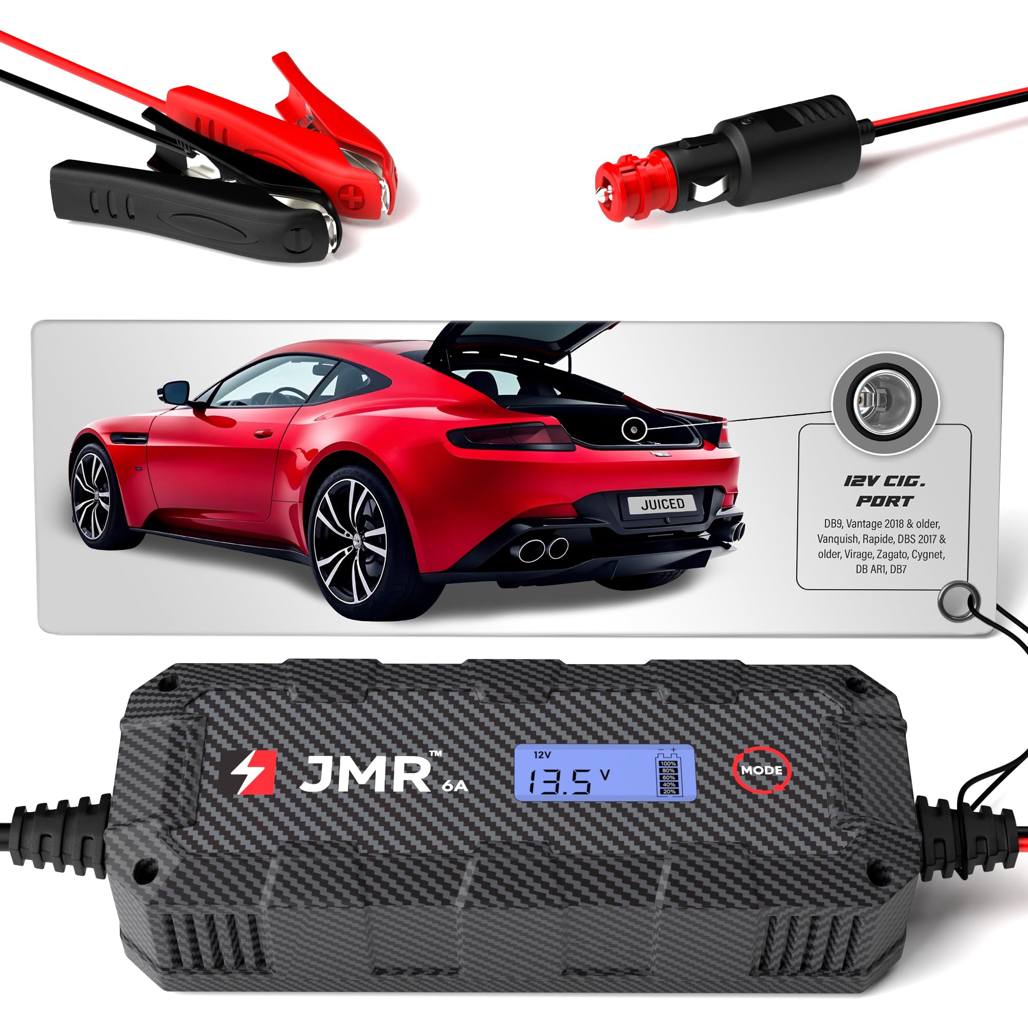 JMR Battery Charger for Aston Martin DB9 Vantage Vanquish Rapide DBS Virage DB7 Trickle Charger Conditioner Maintainer (12V Cig. Port, UK Plug, No Lithium Mode)