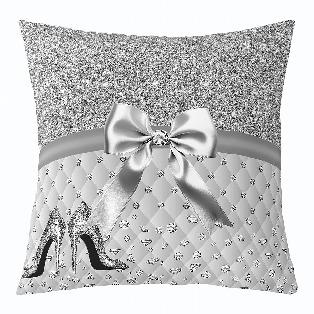 Feelyou Glitter (No Glitter No Sequin) Diamond Reversible Throw Pillow Covers Pastel Grey Square Cushion Covers Set of 1 for Kids High Heels Pillow