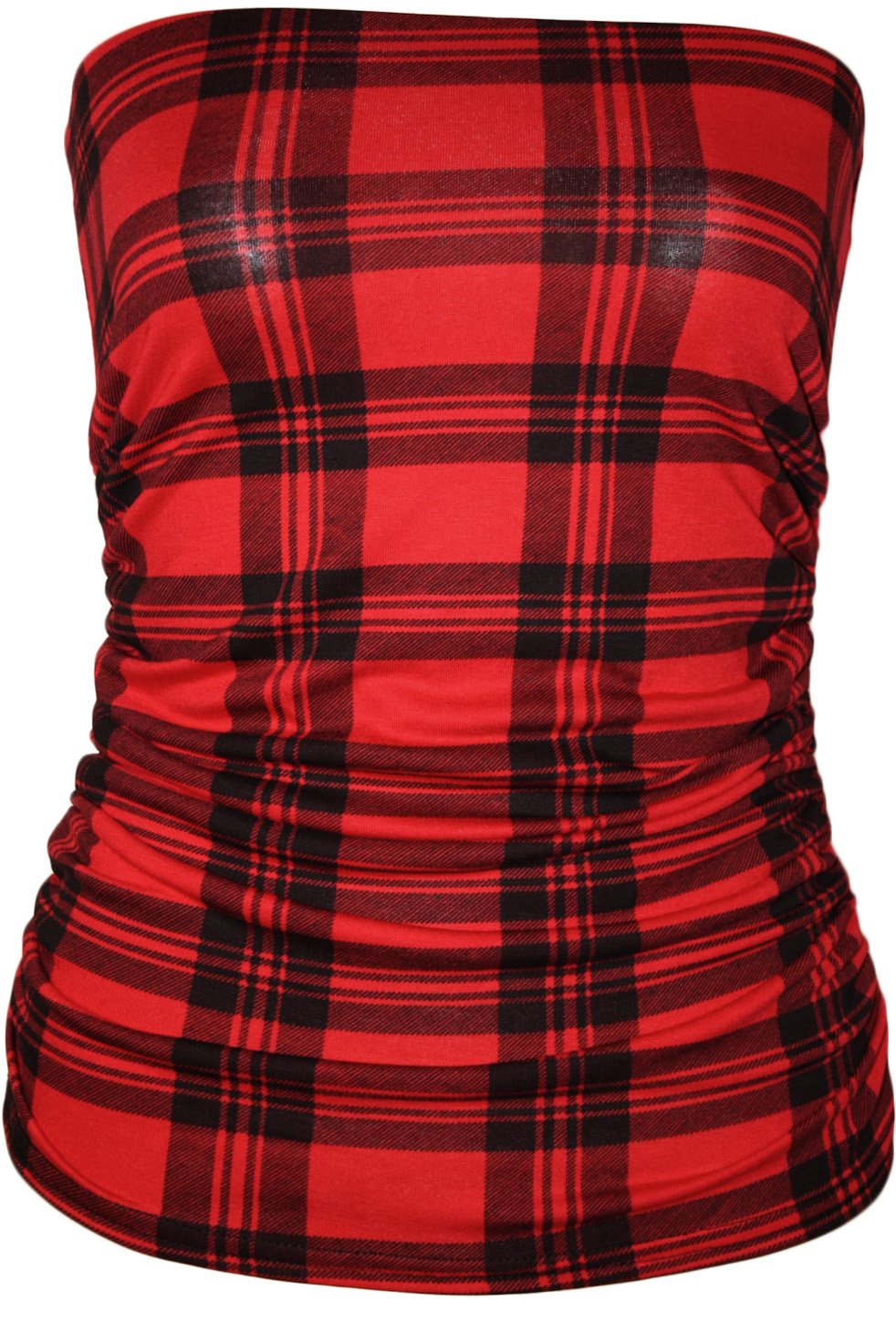 Wearall Women's Red Tartan Animal Aztec Print Strapless Ruched Boob Tube Bandeau Top - 12-14