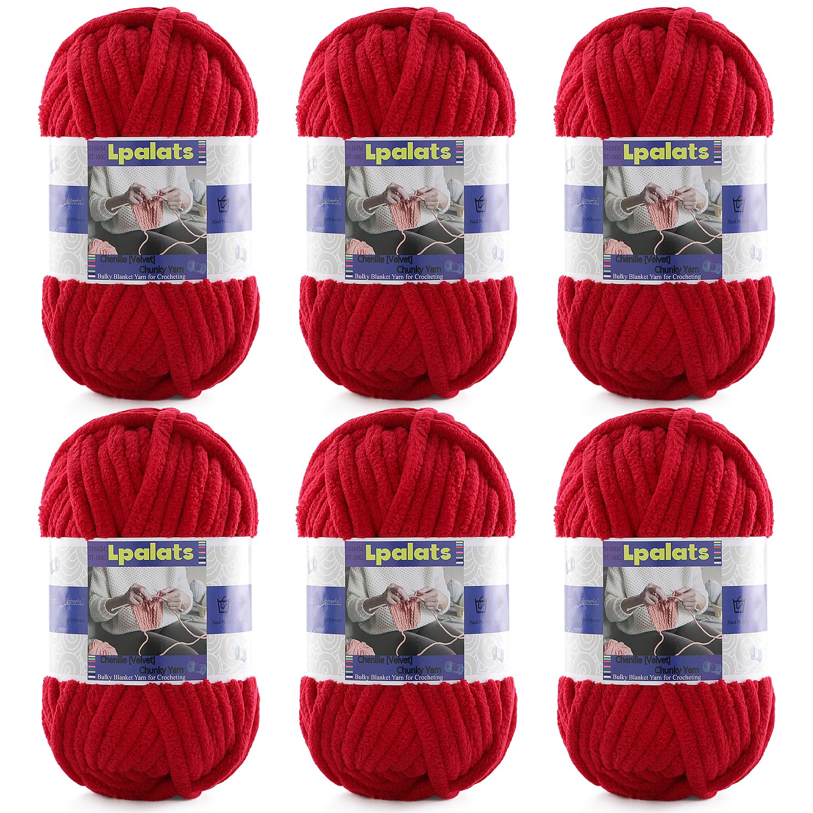 Filato di ciniglia grossa per uncinetto, confezione da 6 da 100 g, #6 super voluminoso, in poliestere, per coperte per bambini e coperte amigurumi all'uncinetto (6, rosso giuggiola)