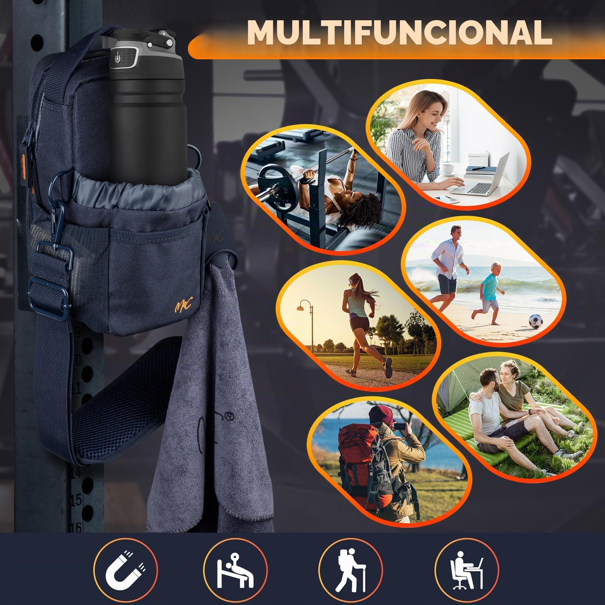 M2C® Magnetic Bottle Bag, pequeña Bolsa de Gimnasio para Hombres y Mujeres con potentes imanes, Botella de Agua y Soporte para teléfono, Clip para Llaves Y Bolsillo Principal Grande