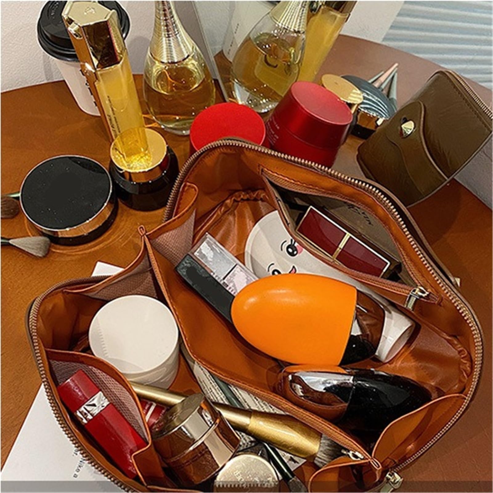 Borse da viaggio in pelle for cosmetici, borsa multifunzionale for il lavaggio e il trucco da donna(Black)